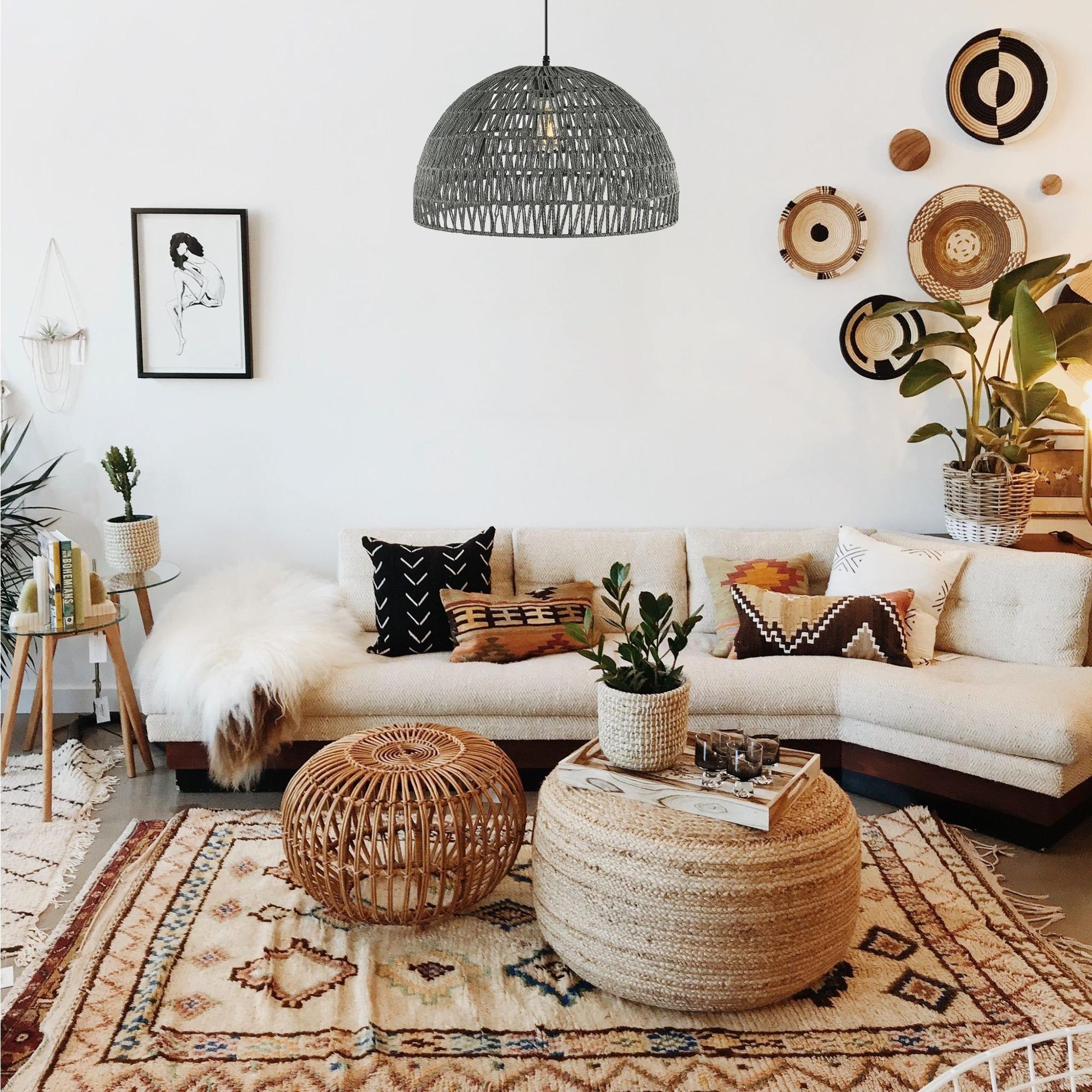 Campana 20" 1-Light Bohemian Modern Woven Rope/Iron LED Pendant, Grey/Black