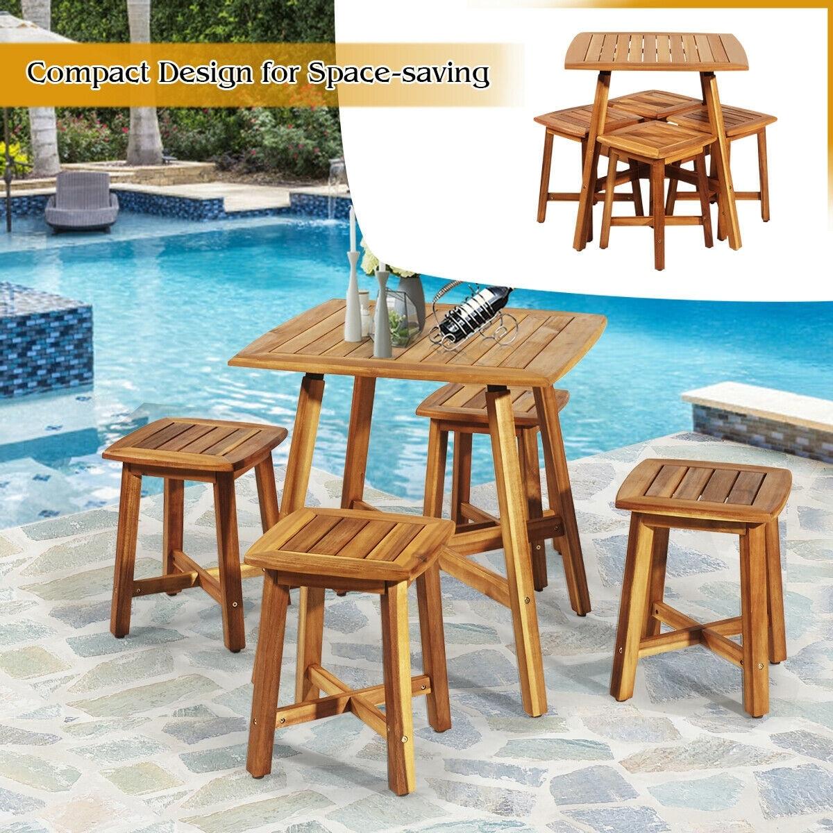 Aimee Lii 5 Pieces Wood Patio Dining Set with Square Table and 4 Stools, Outdoor Patio Furniture for Balcony Porch Backyard, Sturdy