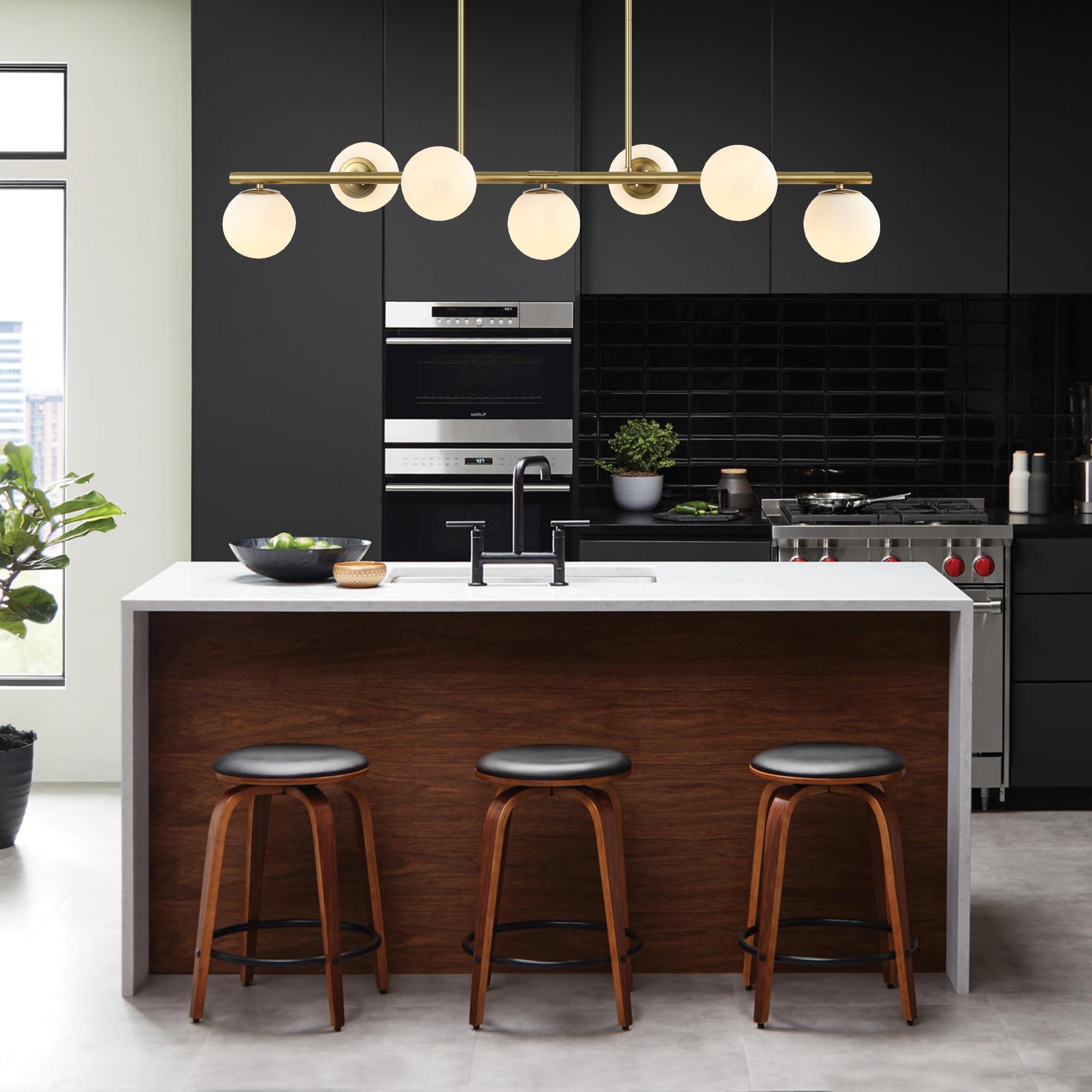 JONATHAN Y JYL7573A Luca Parisian 53" 7-Light Modern Glam Iron Globe Linear LED Pendant Transitional Farmhouse Adjustable Dining Room Living Room Kitchen Island Foyer Bedroom Hallway, Brass Gold/White