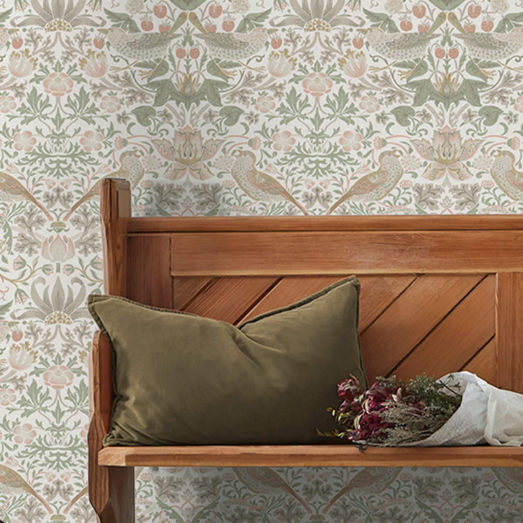 William Morris at Home Strawberry Thief Sage & Pink Wallpaper