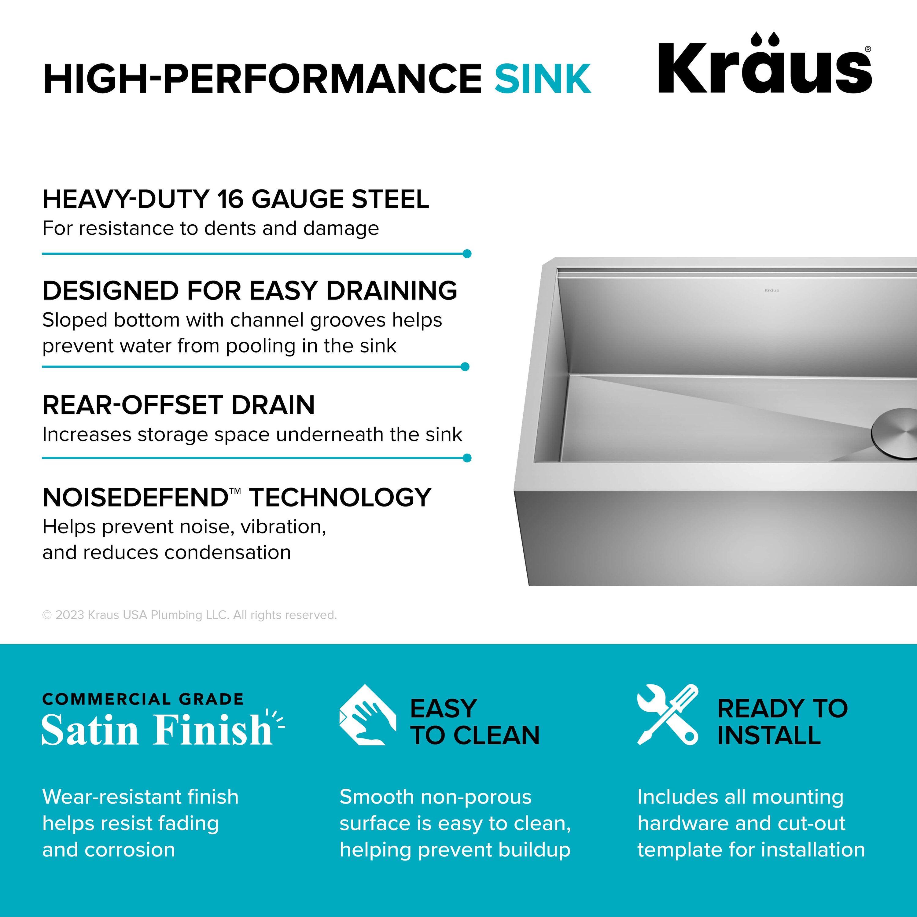 KRAUS Kore Workstation 30-inch L Farmhouse Flat Apron Front 16 Gauge Single Bowl Stainless Steel Kitchen Sink