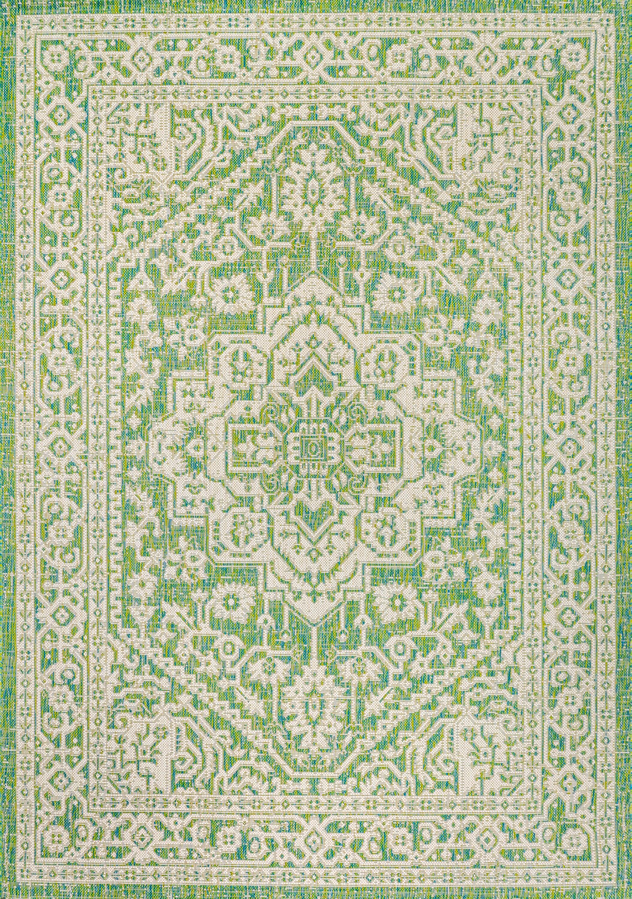 8' x 10' Sinjuri Medallion Textured Weave Indoor/Outdoor Area Rug, Cream/Green - JONATHAN Y