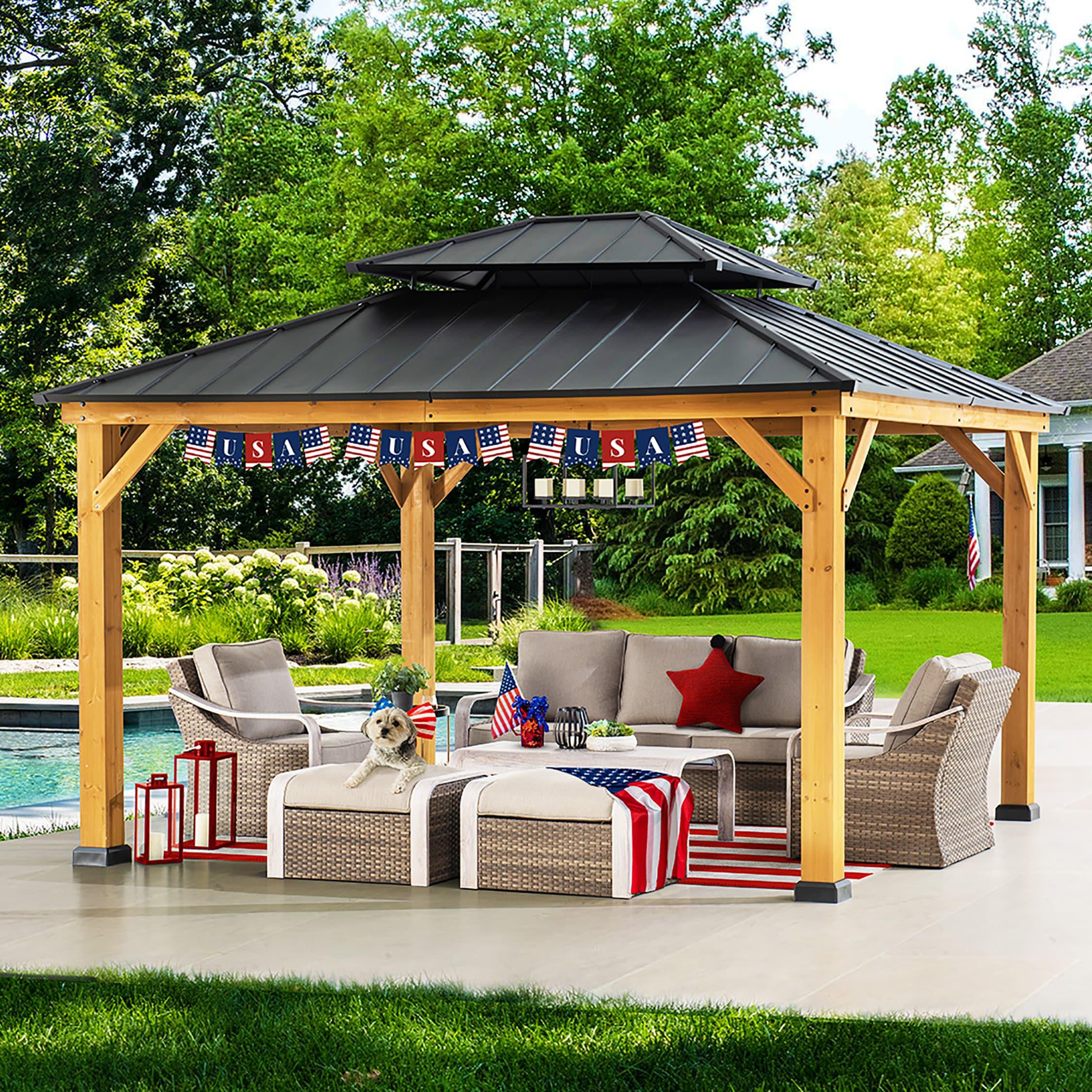 Sunjoy Wood Gazebo Cedar Framed Gaezbos with Black Double Steel Hardtop Roof for Garden,