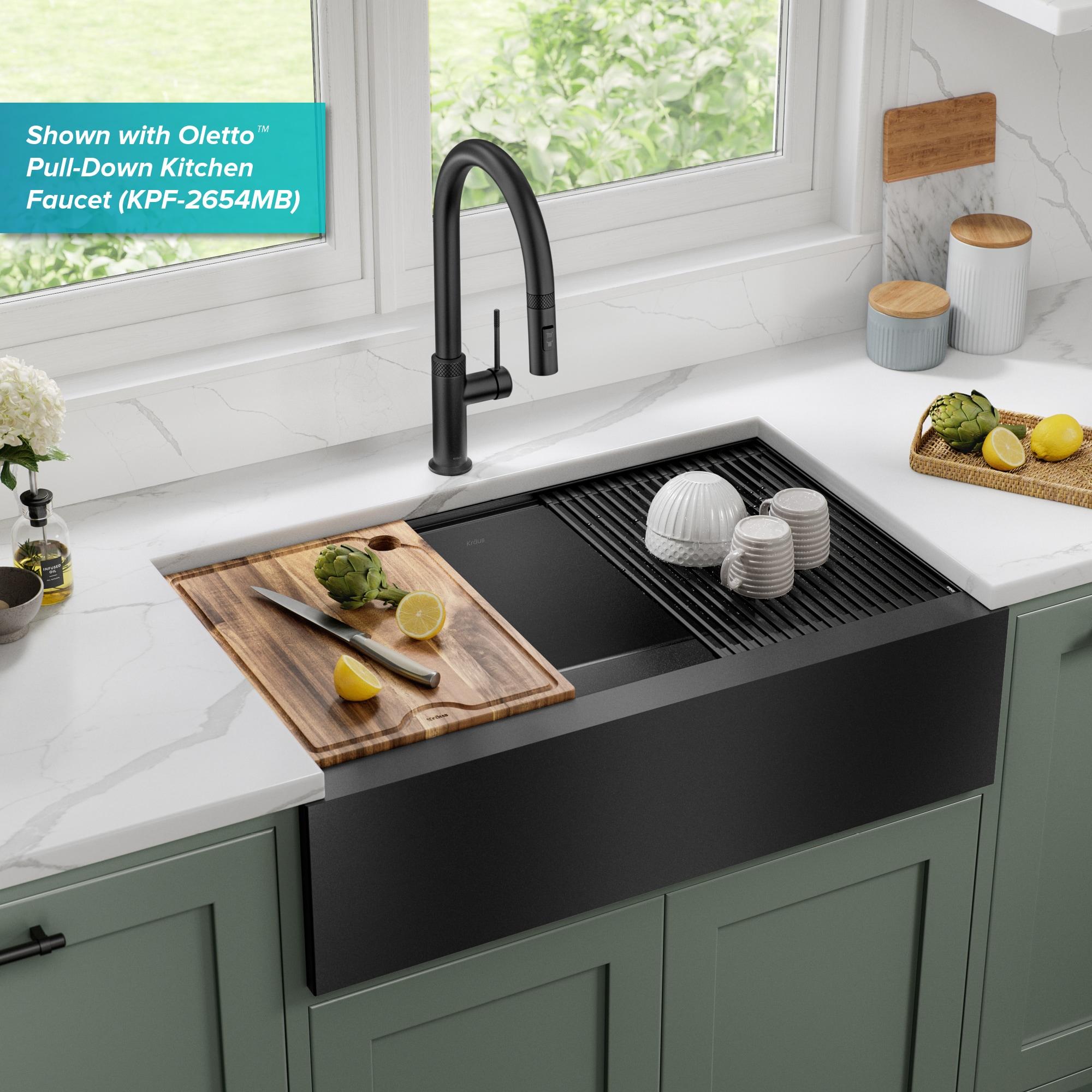 KRAUS Kore™ Workstation 33" L Farmhouse Modern Flat Apron Front 16 Gauge Black Stainless Steel Single Bowl Kitchen Sink