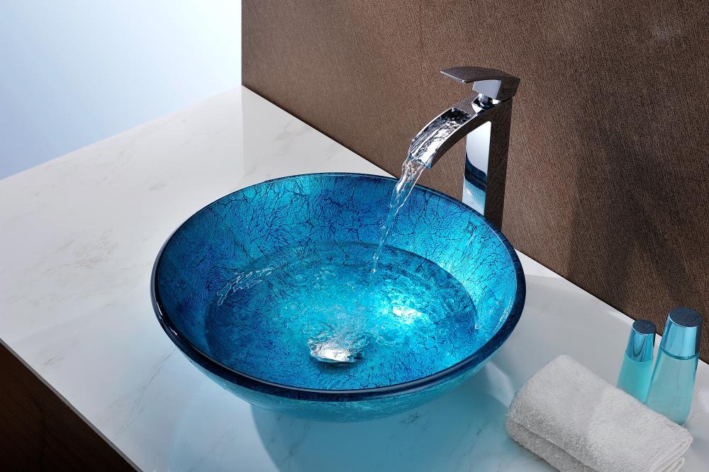 ANZZI Accent 16.5'' Blue Tempered Glass Circular Bathroom Sink