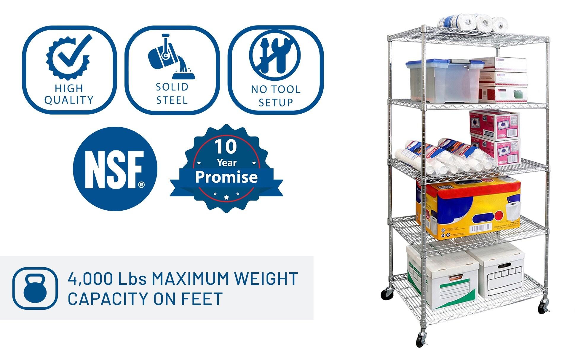 36'' W 5-Tier NSF-Certified Steel Shelving with Wheels