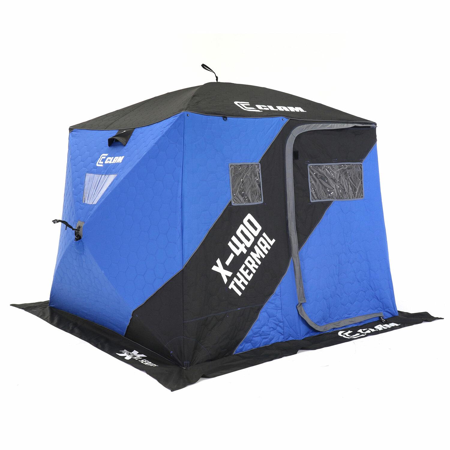 CLAM 17479 X-400 Portable 3 to 4 Person 8-Foot Pop-Up Ice Fishing Angler Thermal Hub Shelter Tent with Anchor Straps and Carrying Bag