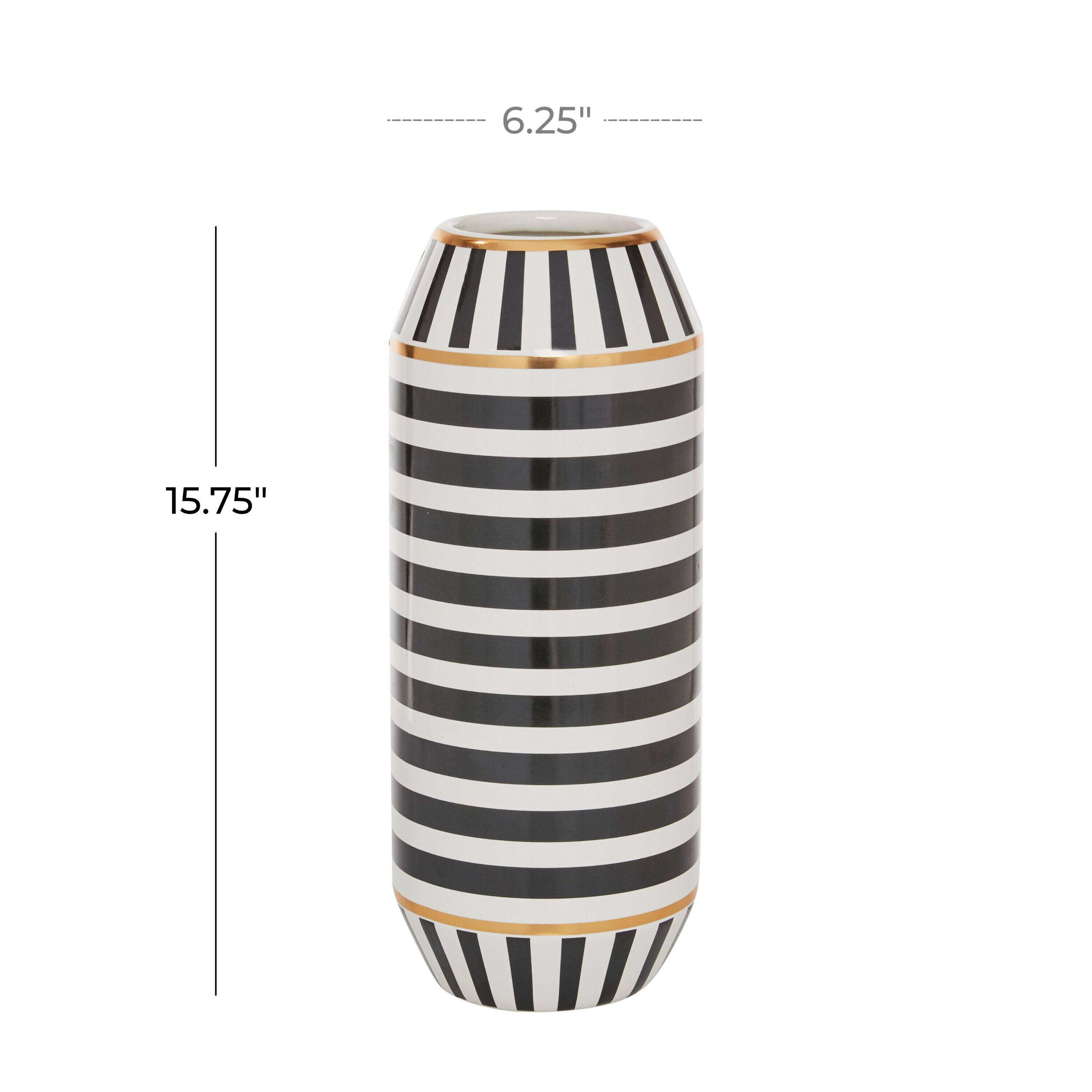 DecMode 16" Striped Black Ceramic Vase with Gold Accents