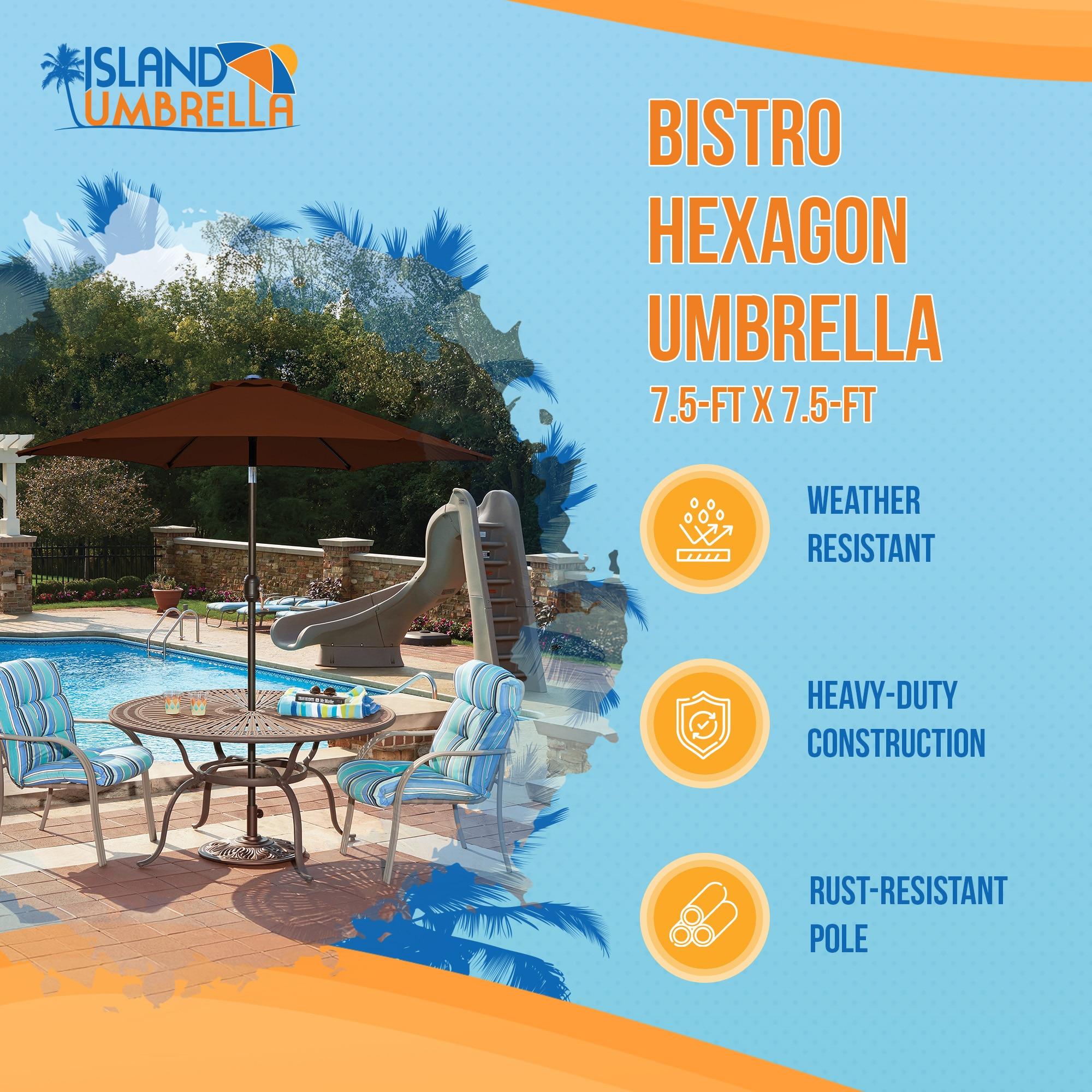 7.5' Hexagon Bistro Market Umbrella with Push-Button Tilt - Island Umbrella: Rust-Resistant, Wind Vent