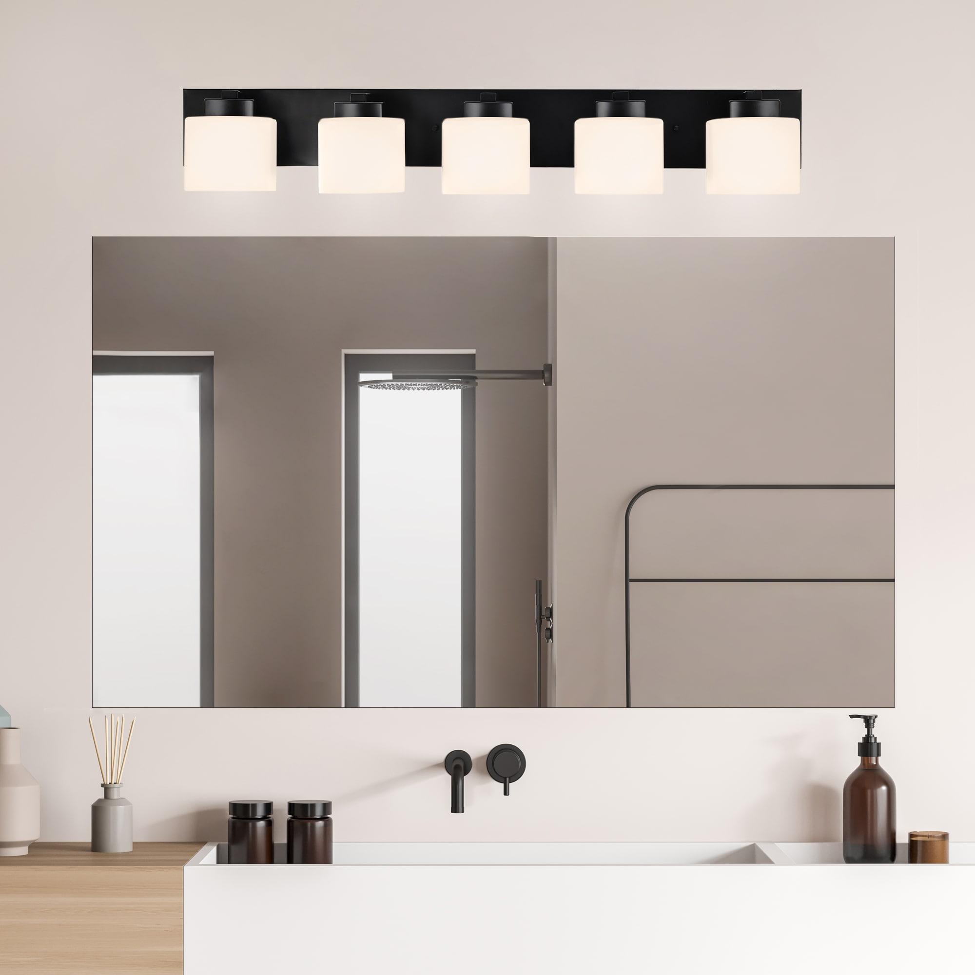 Design House Dove Creek 5-Light Dimmable Vanity Light with Frosted Glass Shades, Matte Black