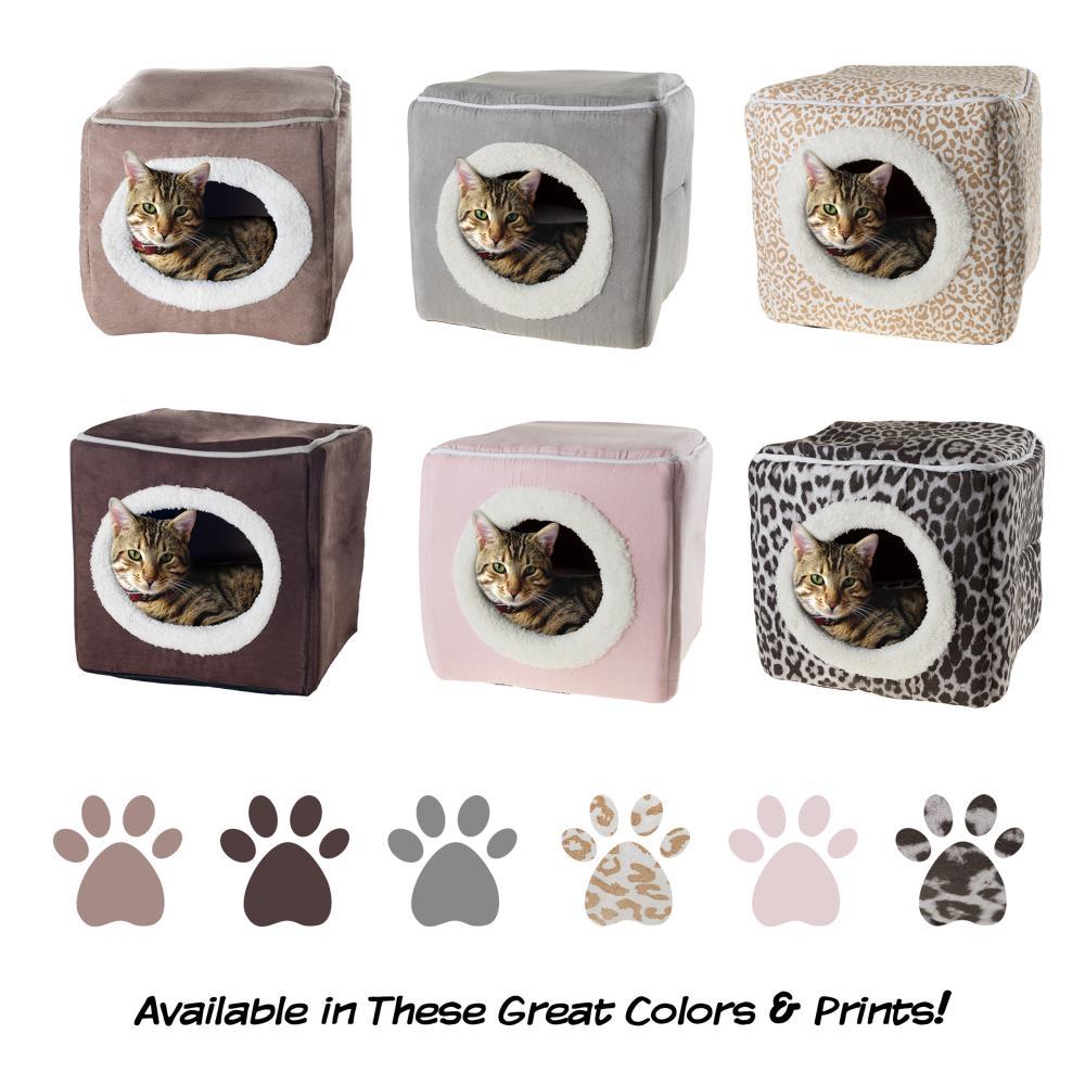 Enclosed Cat Cave Hideout Pet Bed Tan Animal Print Removable Cushion