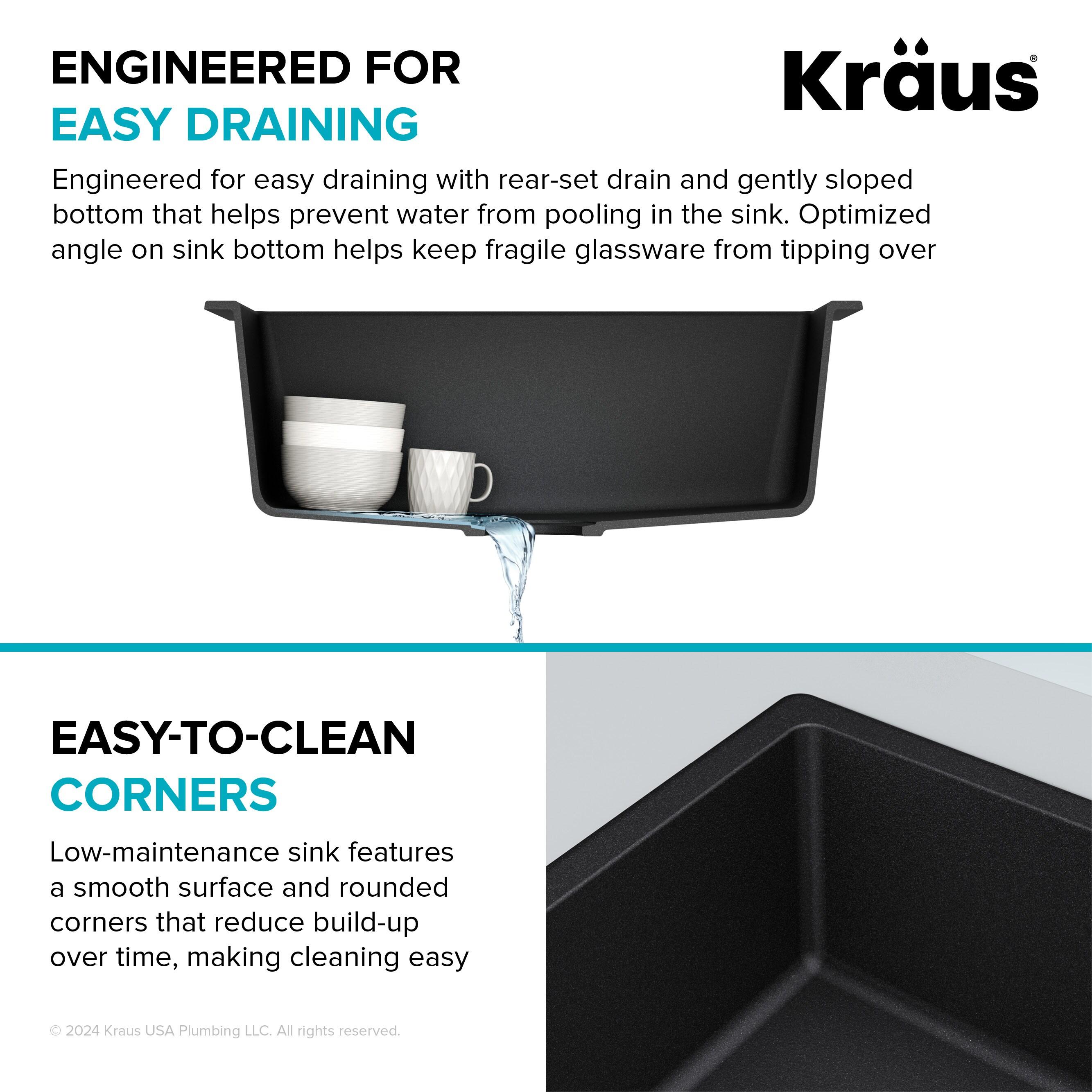 KRAUS 24 inch L Dual Mount Single Bowl Granite Kitchen Sink w/ Topmount and Undermount Installation in Black Onyx