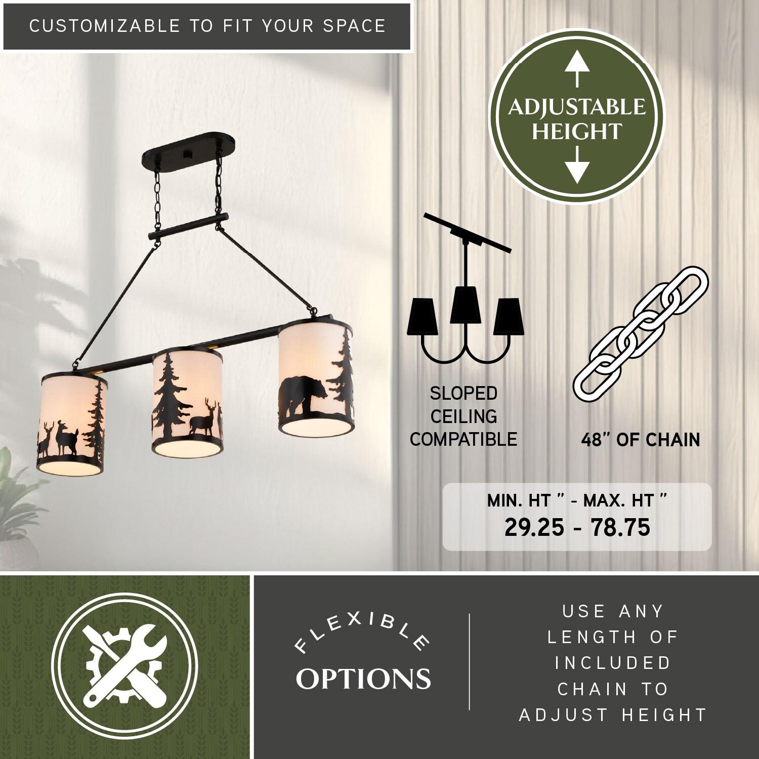 VAXCEL Acadia 3L Bronze Rustic Linear Chandelier Island Pendant Light Fixture Bear and Tree