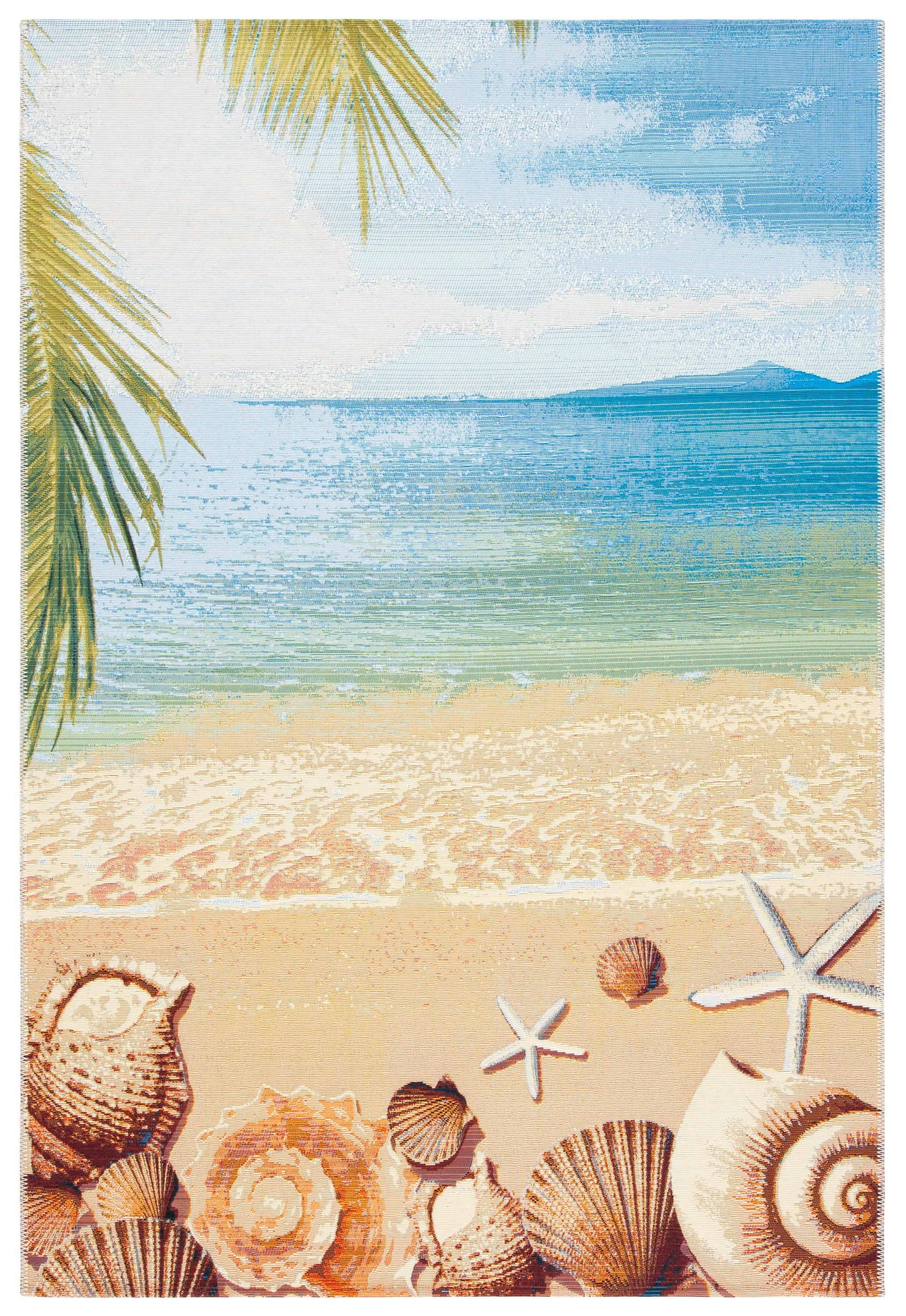 SAFAVIEH Barbados Sea Shells Outdoor Area Rug, 4' x 6', Gold/Blue