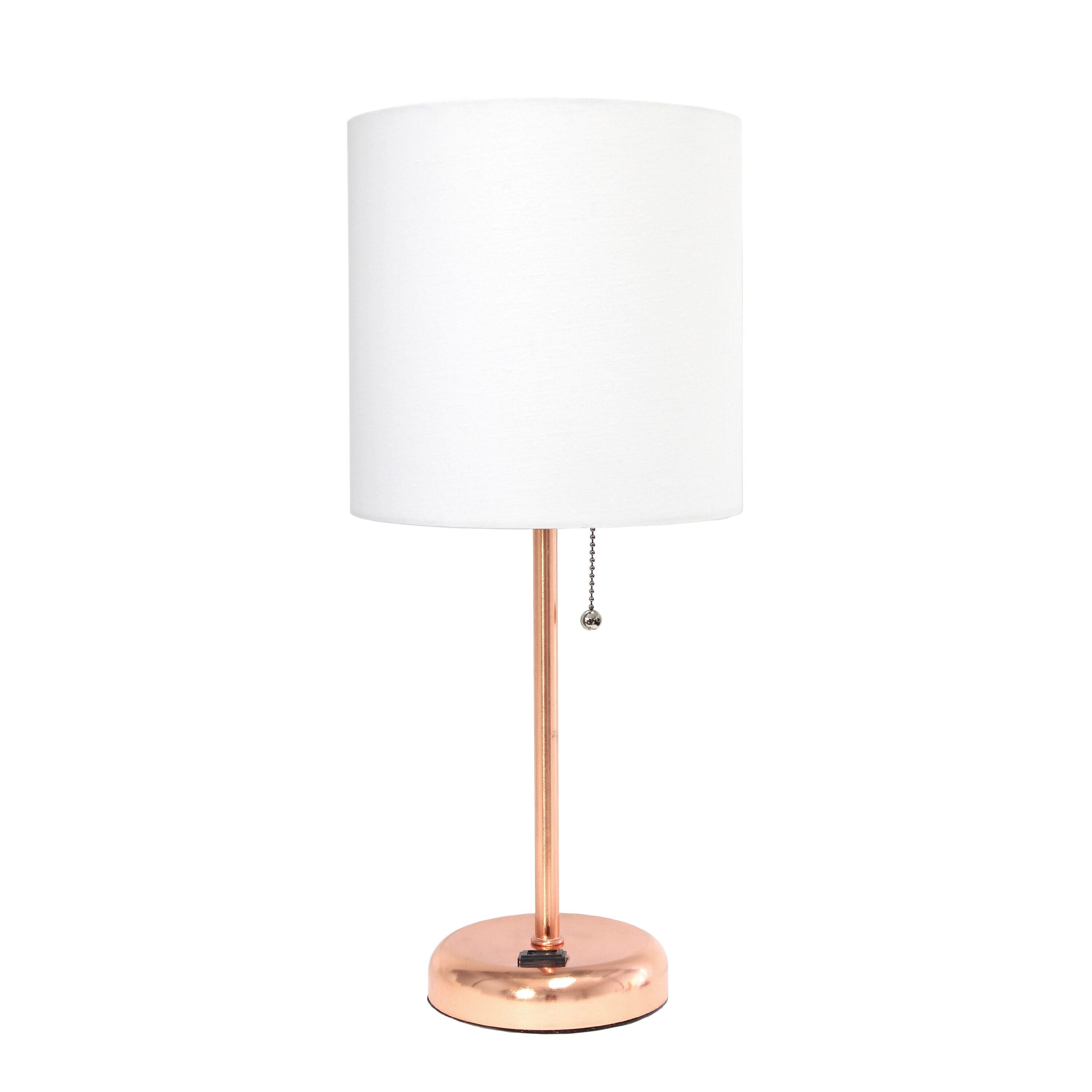 Creekwood Home 19.5" Bedside Power Outlet Base Metal Table Desk Lamp in Rose Gold with White Fabric Shade: ETL Listed, No Assembly Required