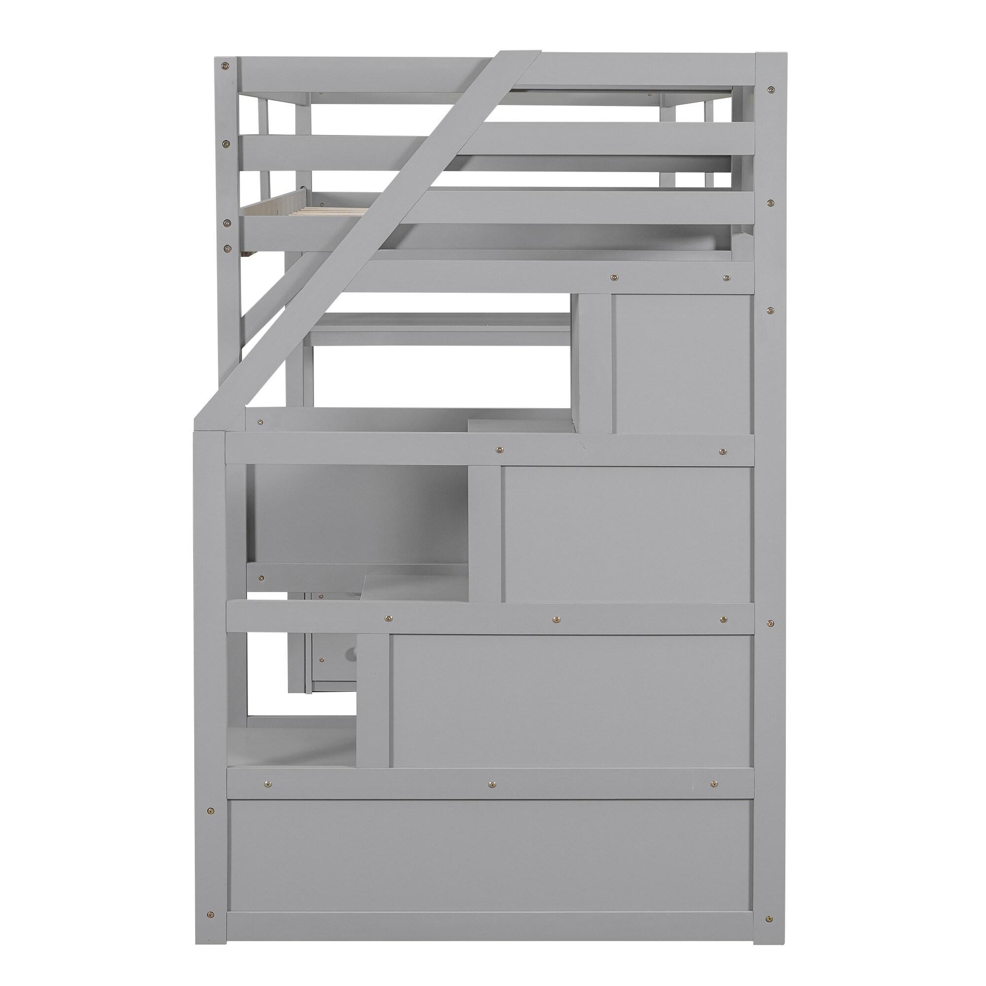 Stairway Twin Size Loft Bed with L Shape Desk, Shelves, Two Tier Drawers and Storage Staircase, Gray