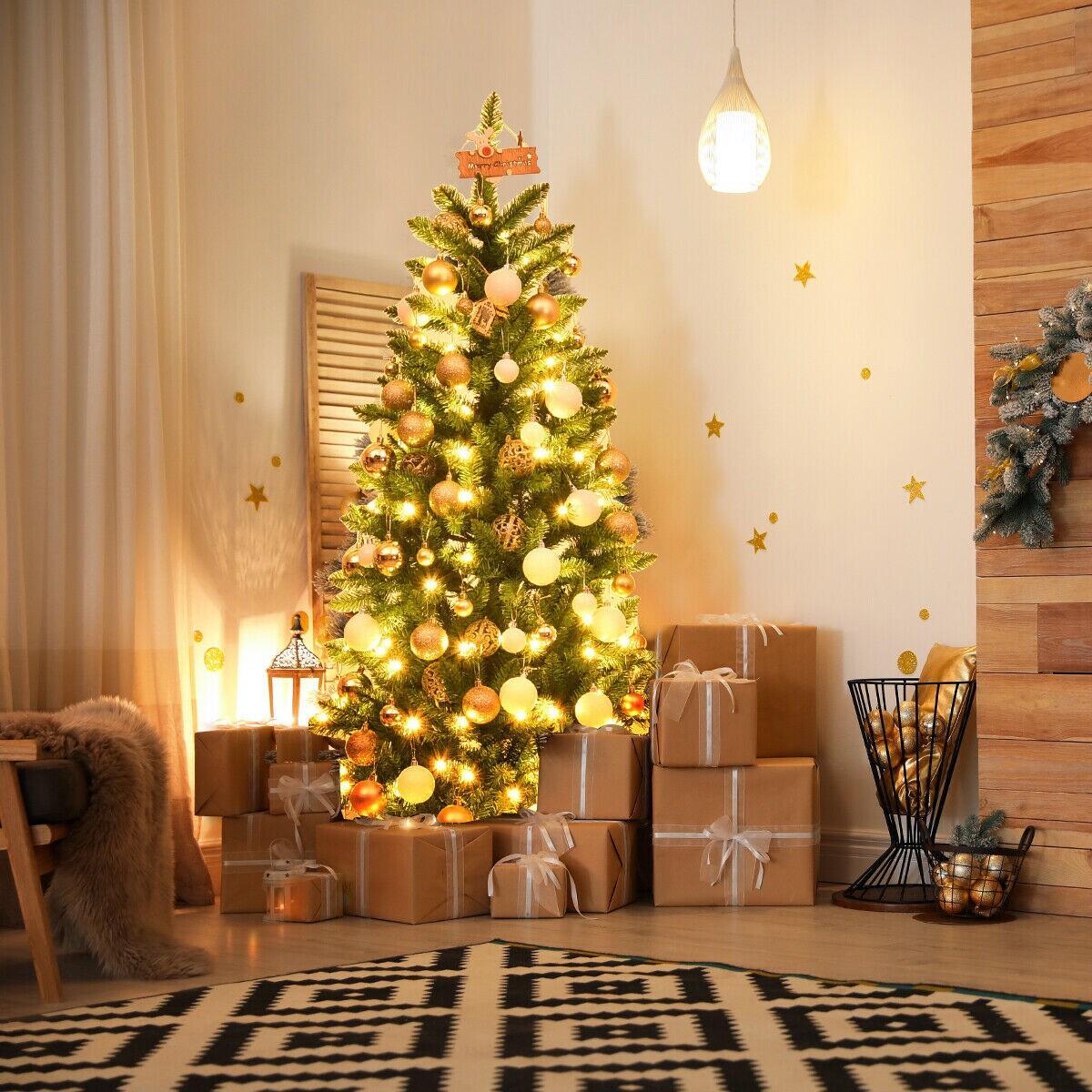 Costway 7Ft Pre-lit Artificial Pencil Christmas Tree Hinged Fir PVC Tree with 350 LED Lights