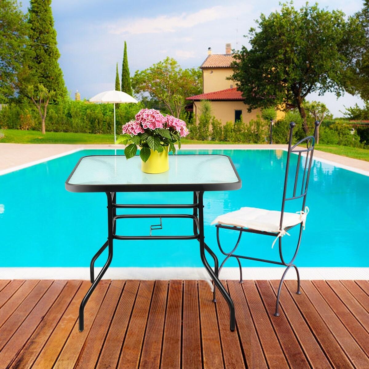 Lark Manor™ Aliyahna 32'' Patio Square Table Tempered Glass Steel Frame Outdoor Pool Yard Garden