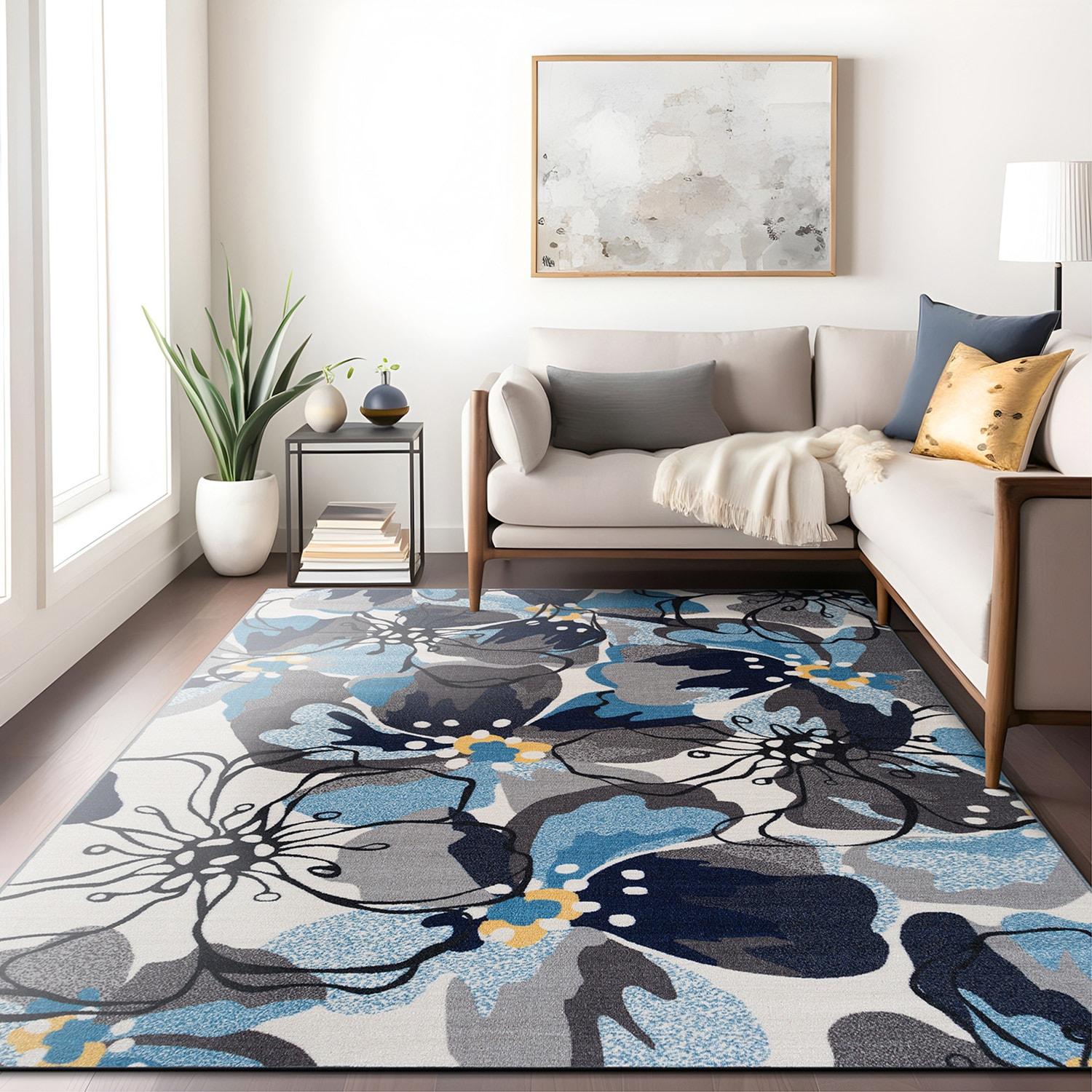 World Rug Gallery Modern Floral Non-Slip (Non-skid) Indoor Area Rug - Gray 5'3" x 7'3"