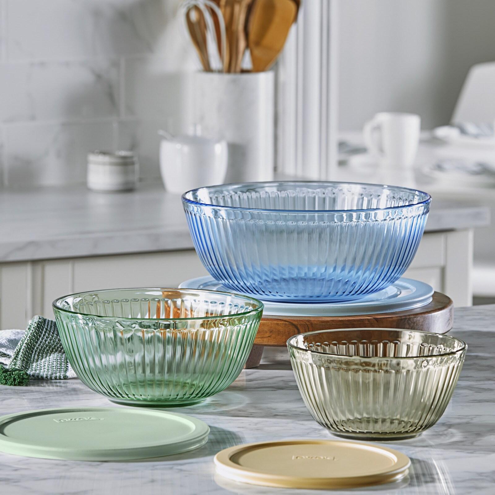 Pyrex® Sculpted Tinted 6pc Lidded Mixing Bowl Set: Glass Bowls with Lids, Dishwasher-Safe, Multicolored