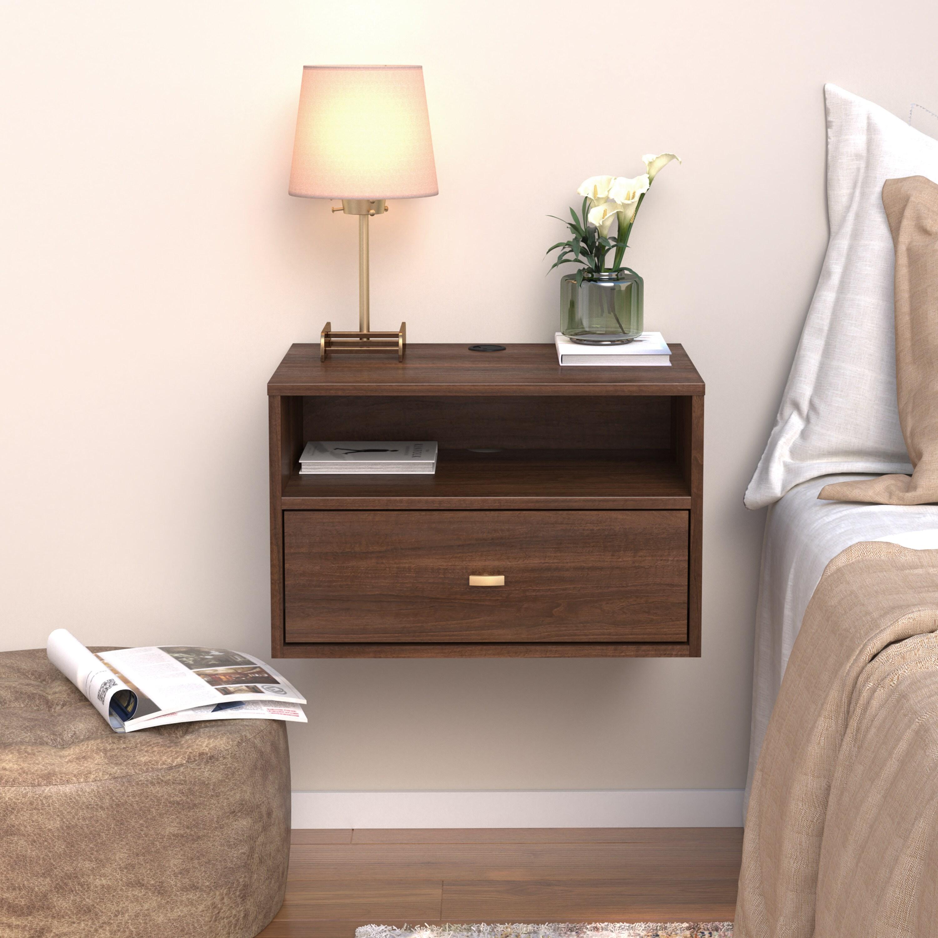 Floating 1 Drawer Nightstand with Open Shelf Cherry - Prepac: Laminated, Cable Management, Metal Glides