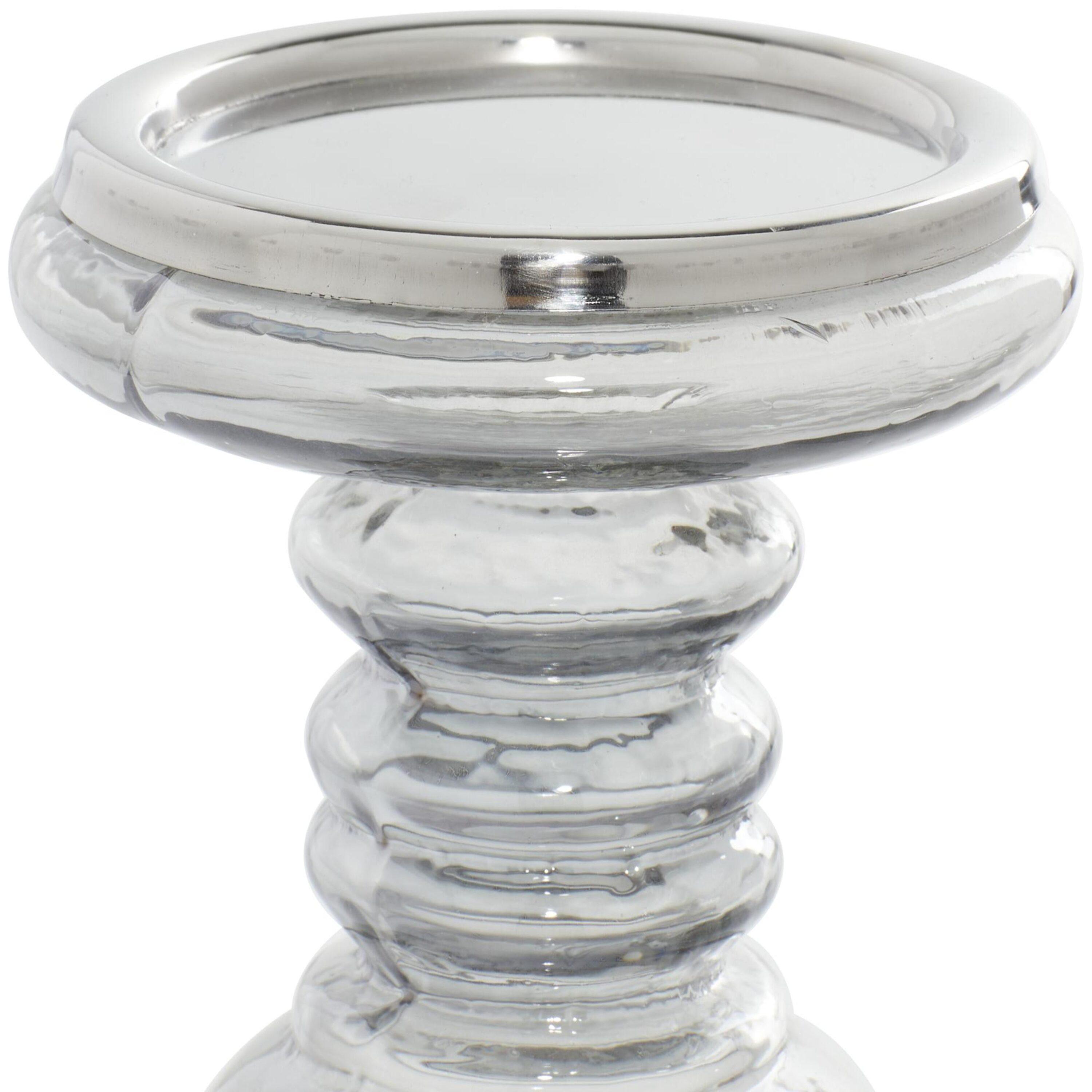 DecMode 2 Candle Silver Glass Handmade Turned Style Pillar Candle Holder, Set of 2