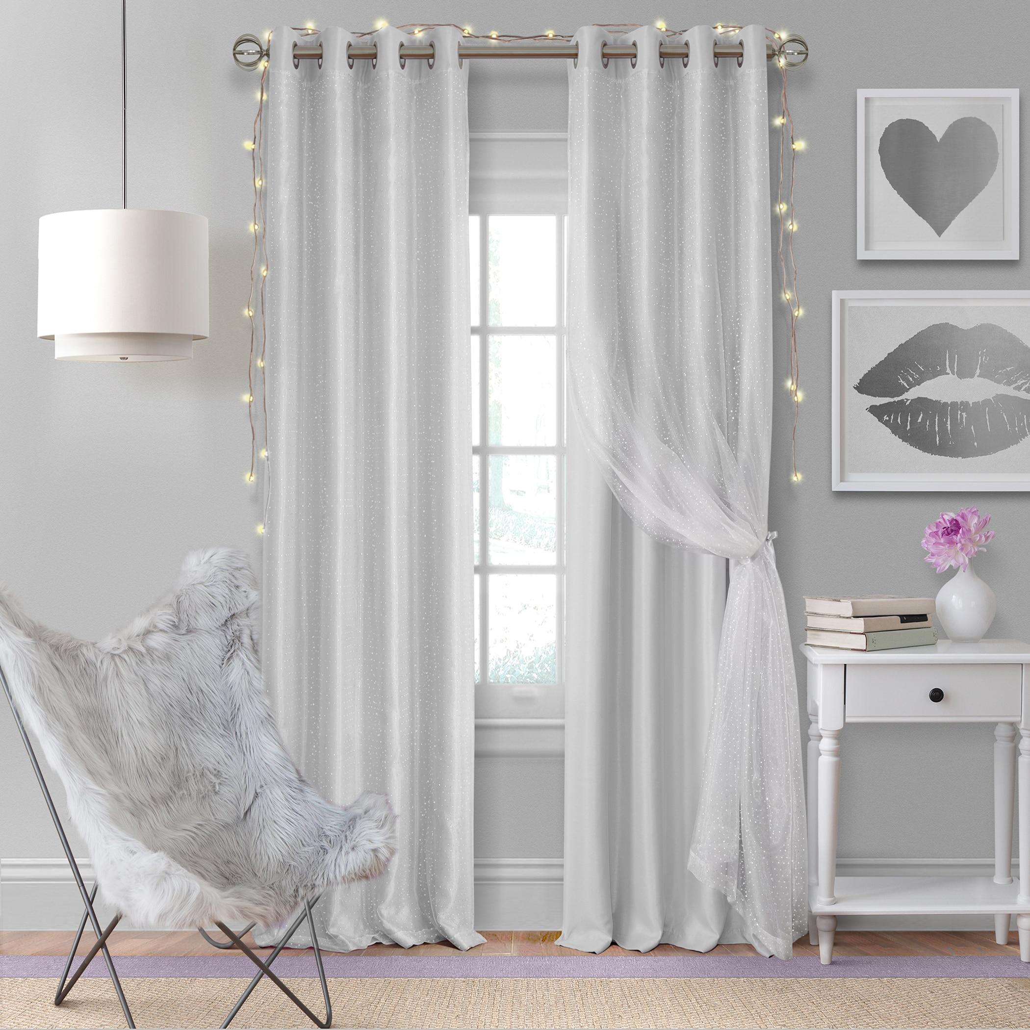 Aurora Kids Room Darkening Sheer Sparkle Overlay Single Curtain Panel - 52" x 63" - Pearl Gray - Elrene Home Fashions