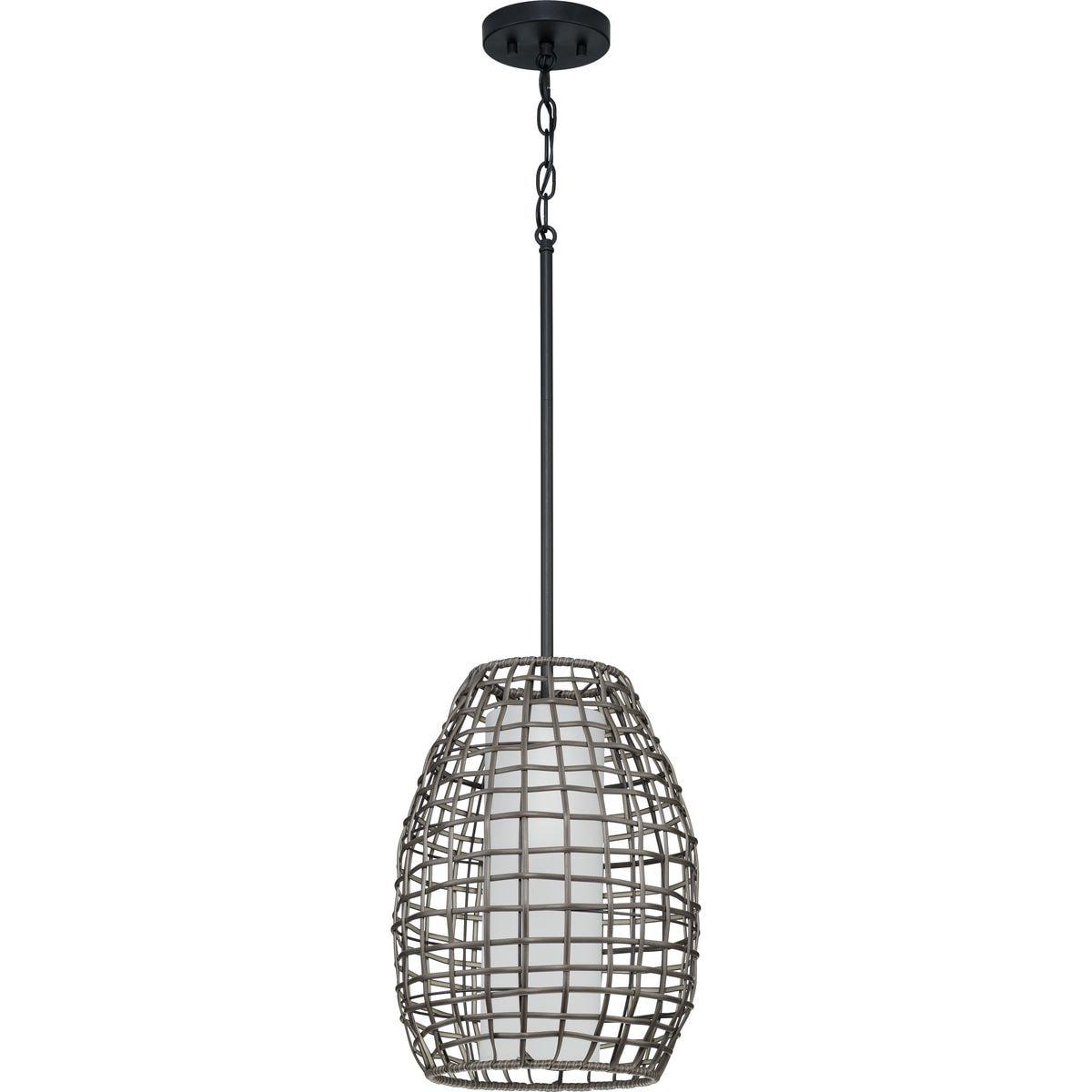 Progress Lighting Pawley 1-Light Dark Gray Rattan Coastal Outdoor Hanging Pendant Light, Matte Black, Etched Glass Shade