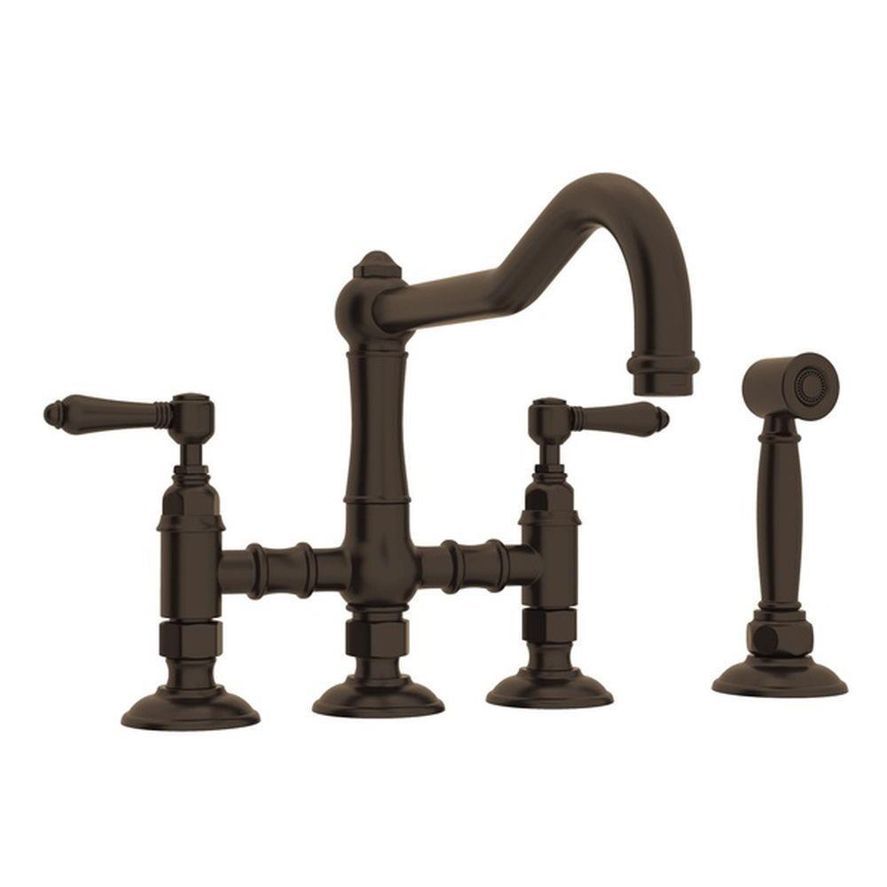Rohl Italian Kitchen Acqui Three Leg Bridge Faucet With Metal Levers Sidespray And 9" Reach Column Spout In Tuscan Brass