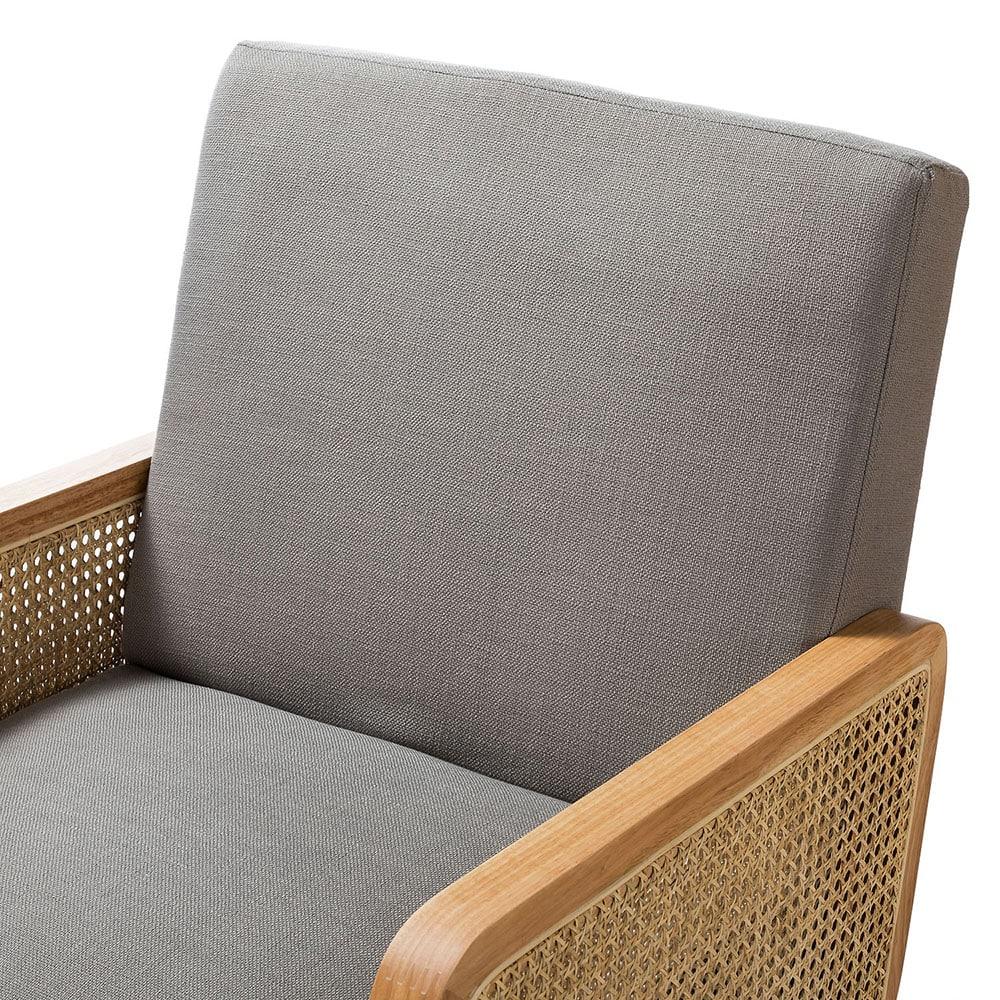 Farmhouse Accent Chair Rattan Armrests Fabric Upholstered Wooden Reading Armchair Living Bedroom Pewter