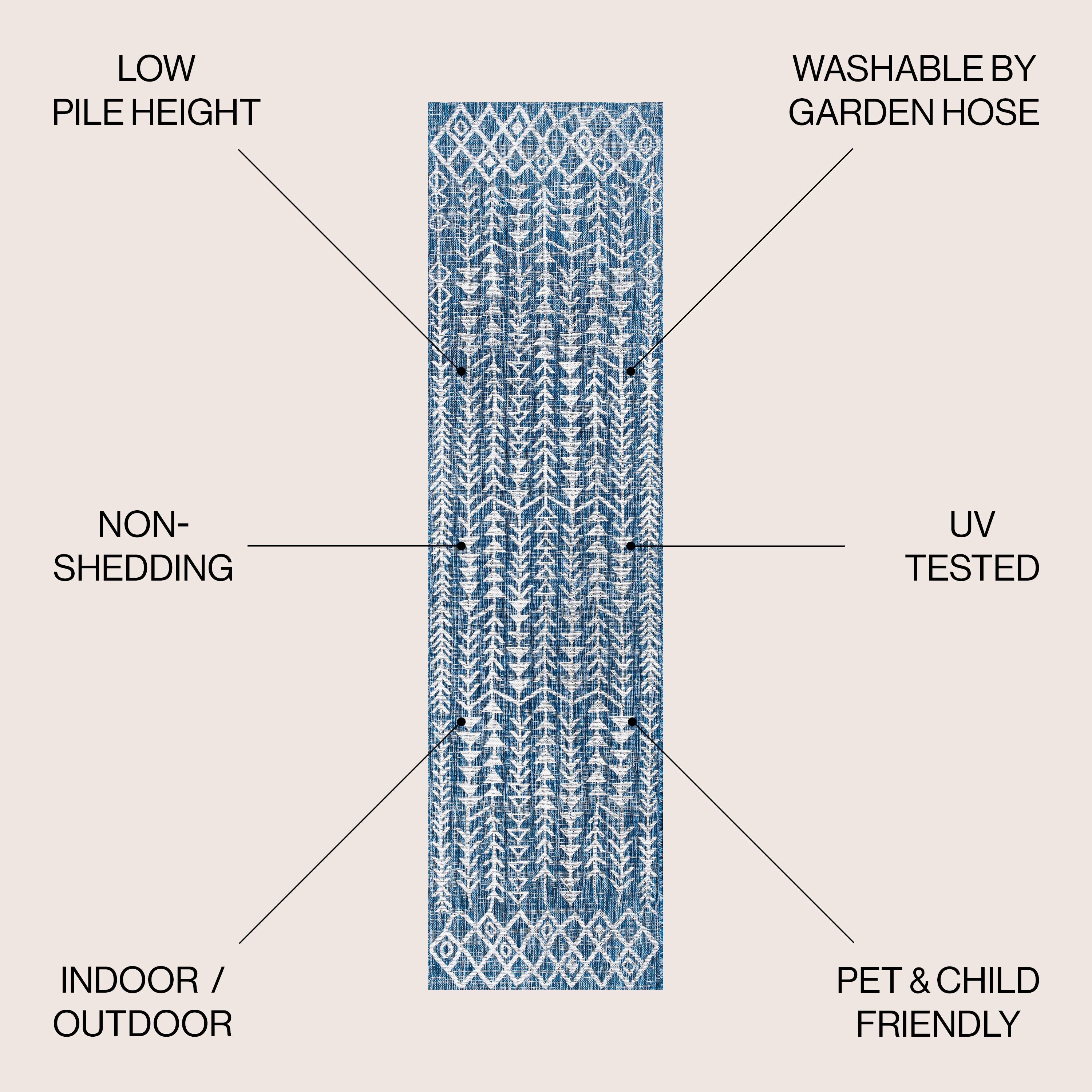 2'x8' Tokay Bohemian Styled Geometric Indoor/Outdoor Runner Rug, Ivory/Blue - JONATHAN Y