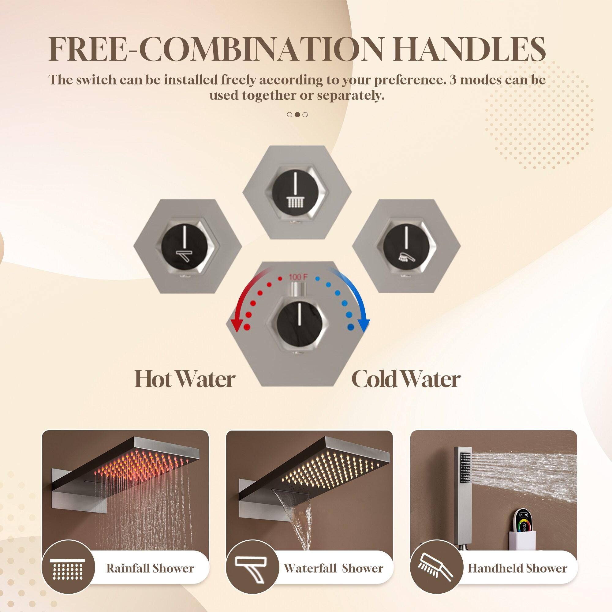 22" Wall-Mount LED Bluetooth Music Thermostatic Rainfall Complete Shower System with Rough in-Valve