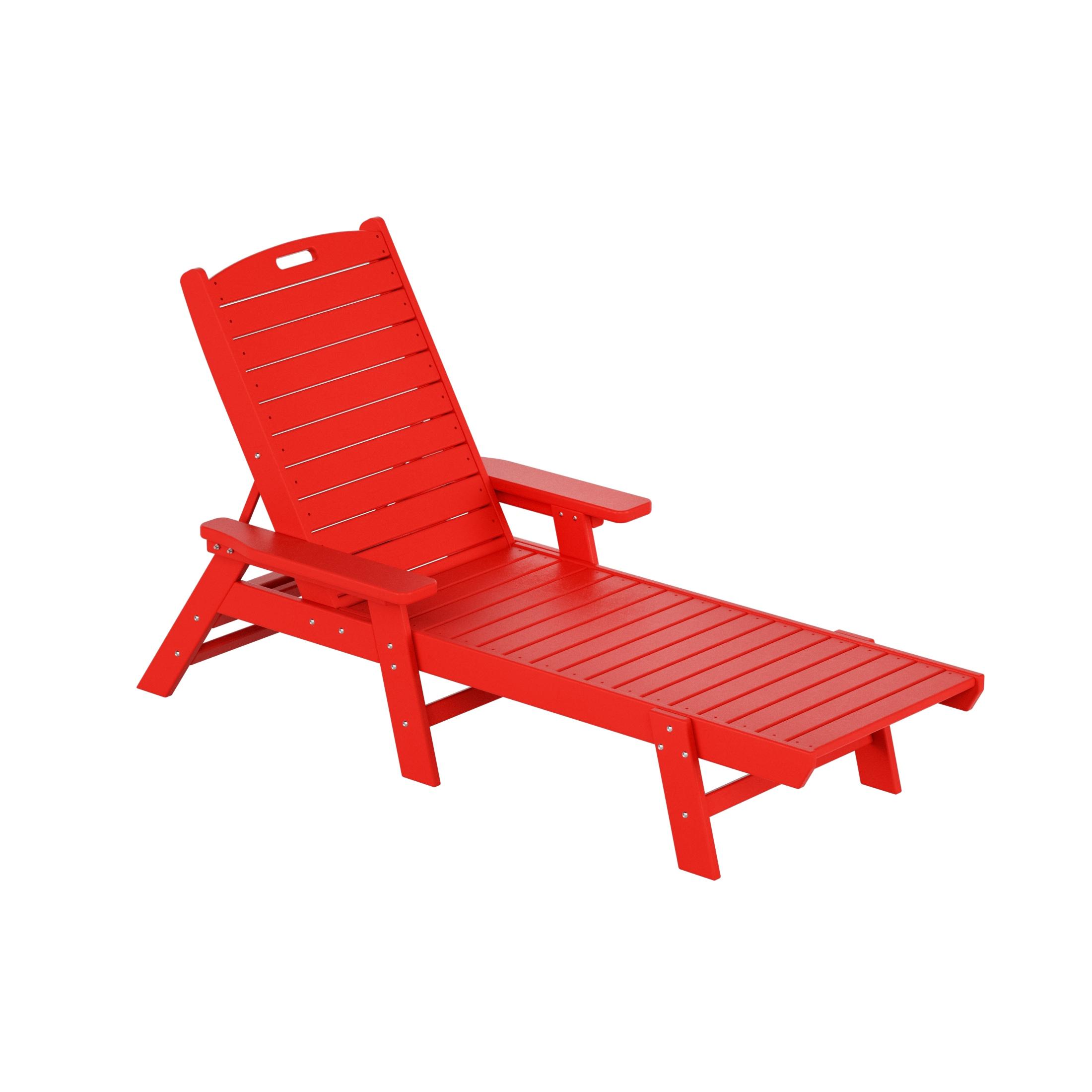 JUSTLET Adjustable Wheeled HDPE Plastic Outdoor Patio Lounge Chair W/ Cup Holder,78.3"x25.1"x16.3", Red
