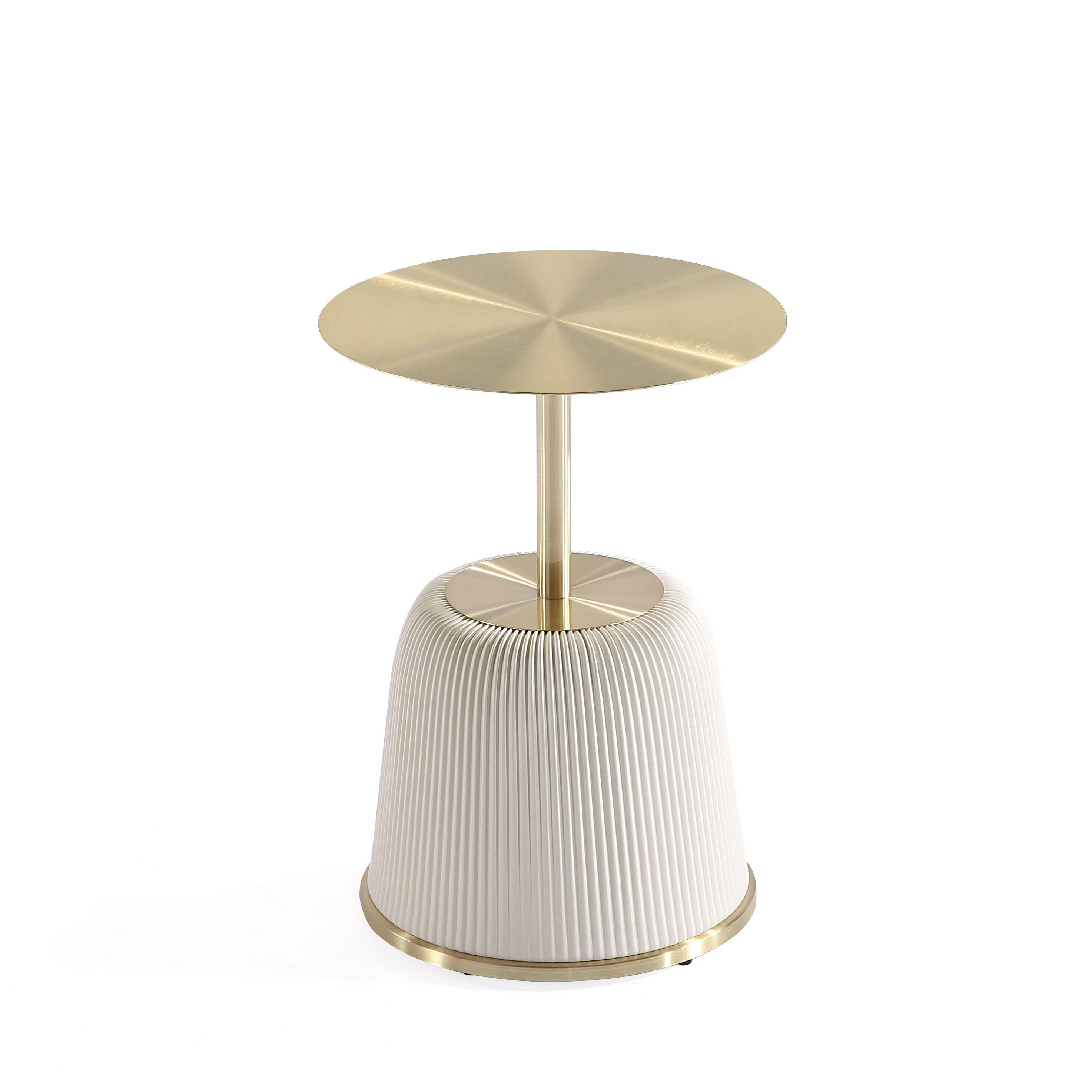 Manhattan Comfort Anderson Modern Leatherette Upholstered End Table with Gold Tabletop Cream: Round, No Assembly, Stainless Steel