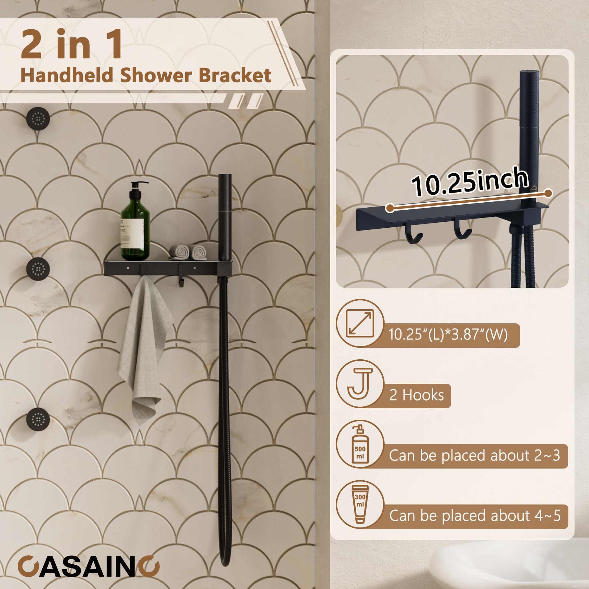 CASAINC KCHS0005-12MB Rainfall Thermostatic Shower System with Body Jets, 2-Sprays Shower Head and a Shelf