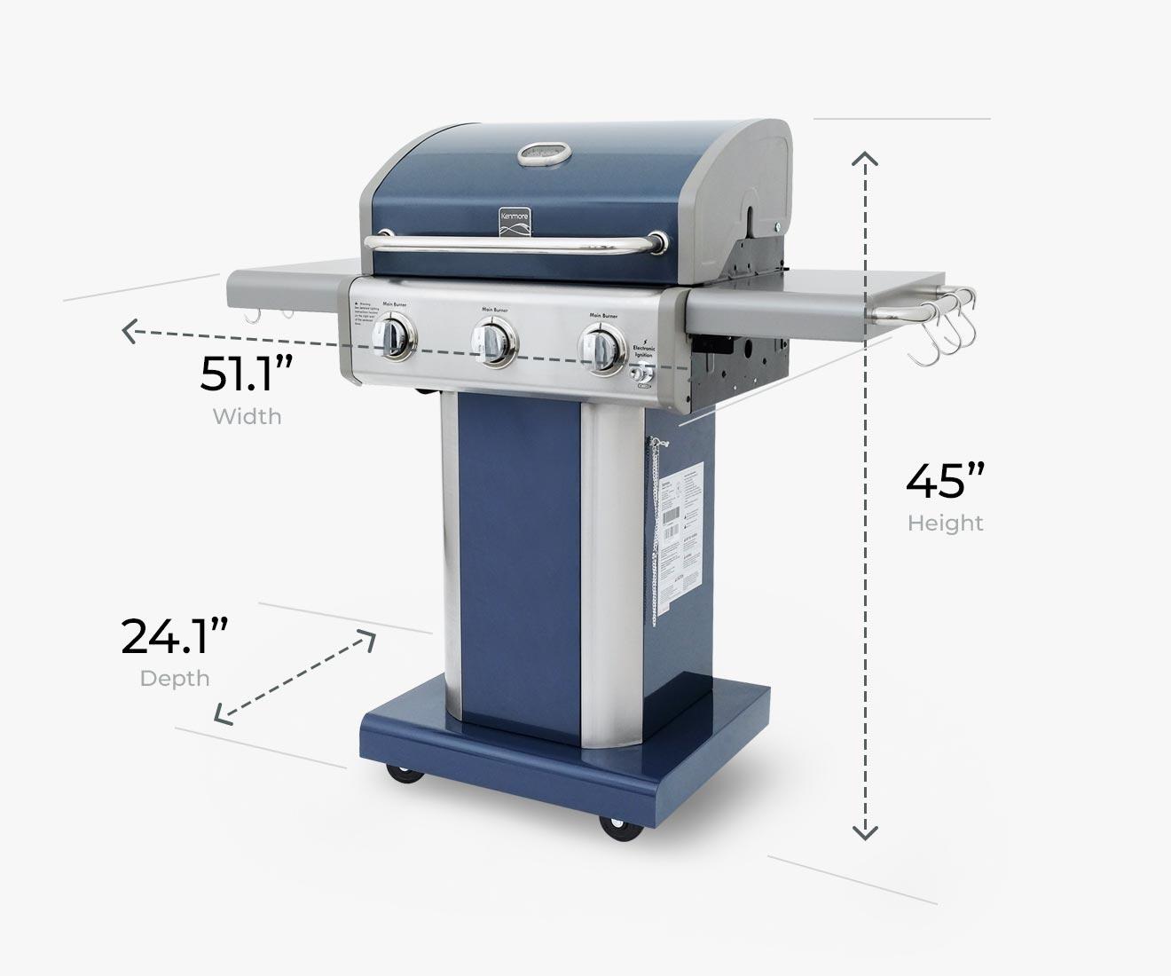 Kenmore 3-Burner Propane Gas Grill with Foldable Side Tables for Outdoor BBQ