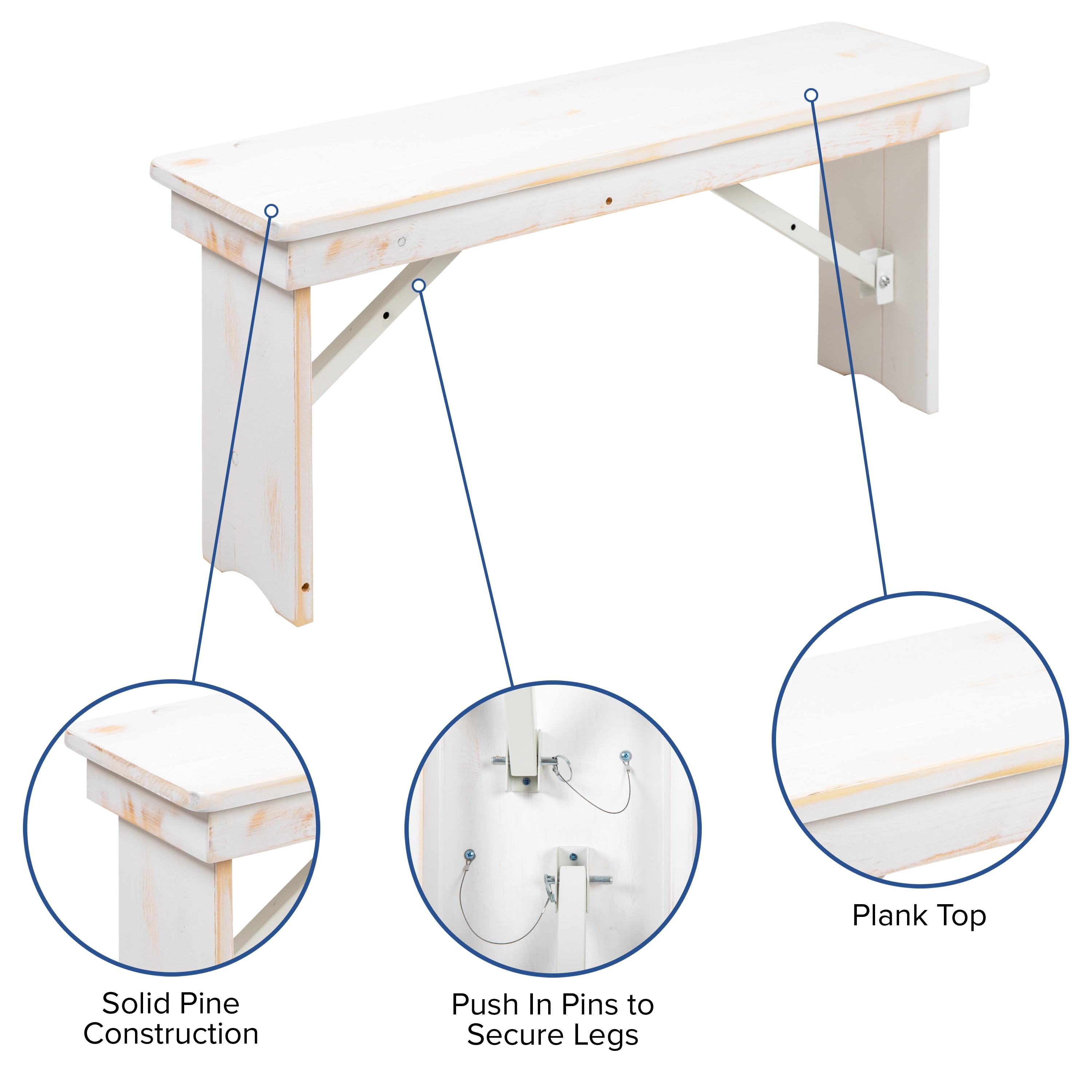 Flash Furniture HERCULES Series 40" x 12" Antique Rustic White Solid Pine Folding Farm Bench