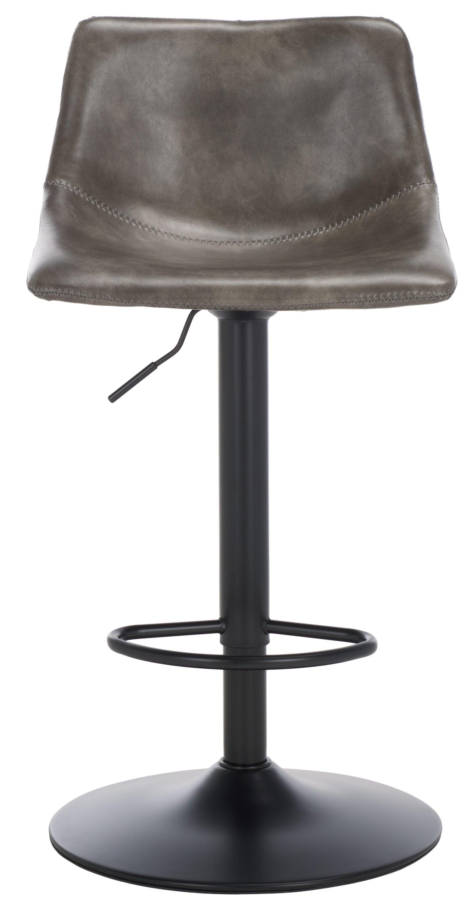Aelin Adjustable Gray Faux-Leather Swivel Bar Stool with Black Metal Base