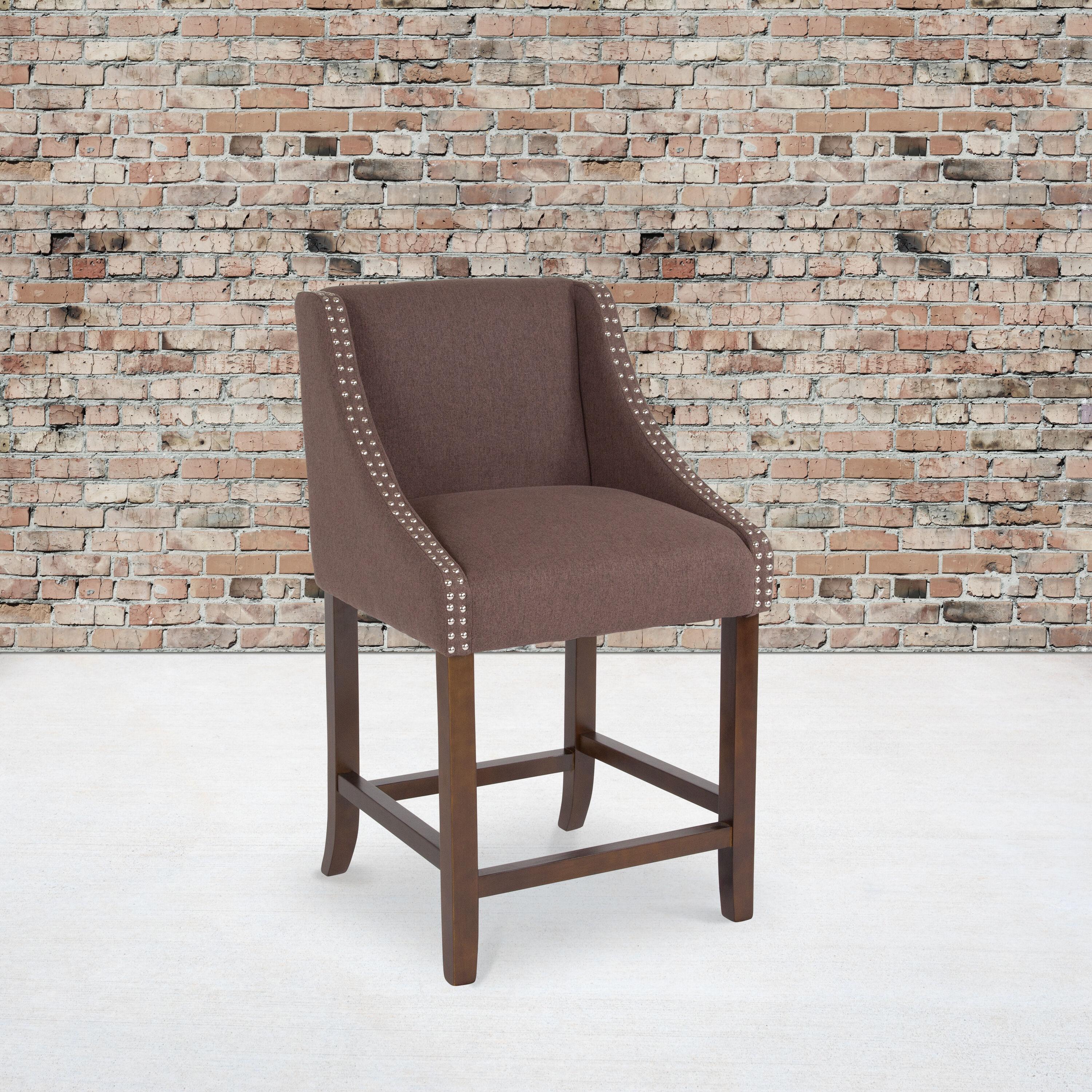 Flash Furniture Carmel Series 24" High Transitional Walnut Counter Height Stool with Accent Nail Trim in Brown Fabric