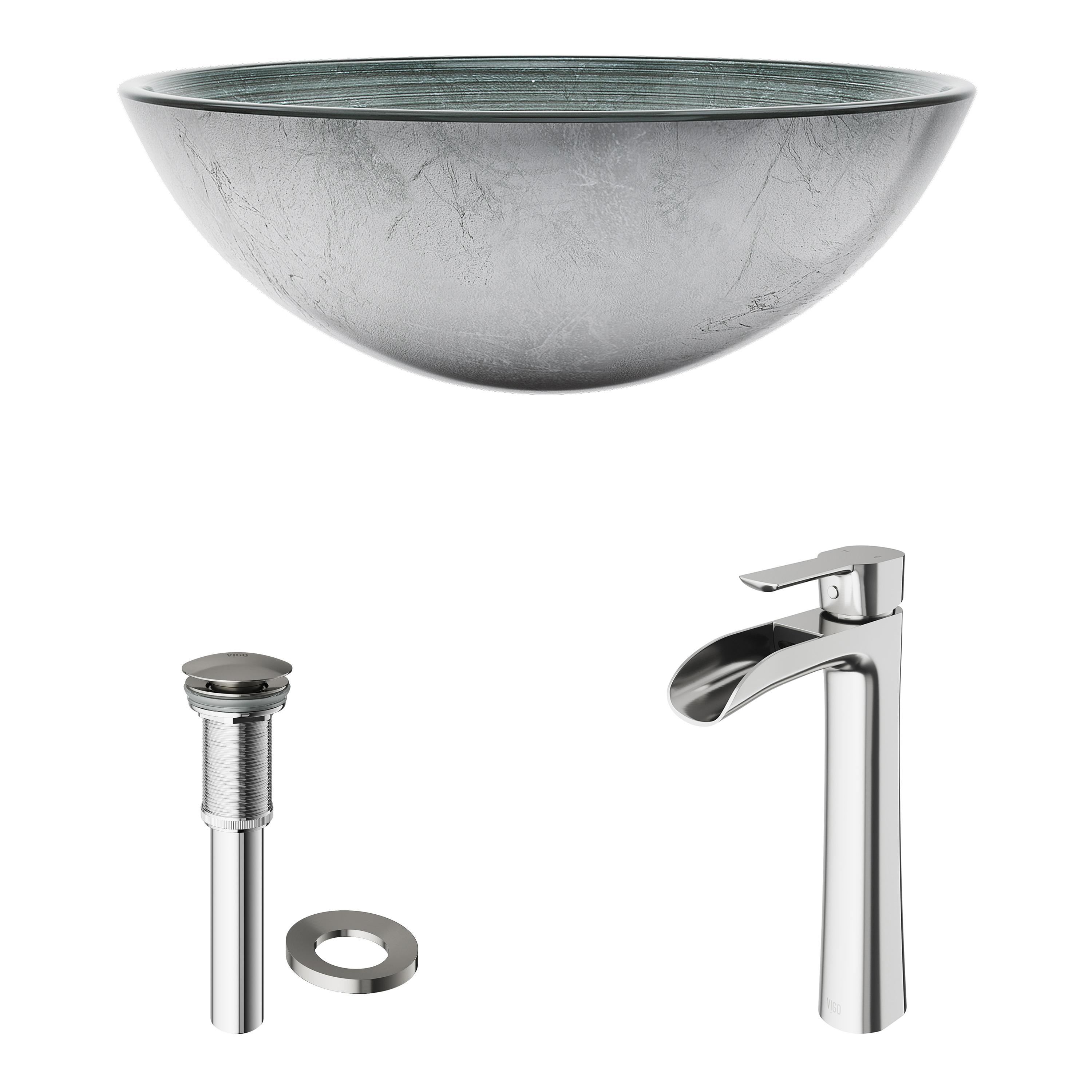 Titanium 17" L x 17" W x 6" H Round Glass Vessel Bathroom Sink with 4" H Faucet