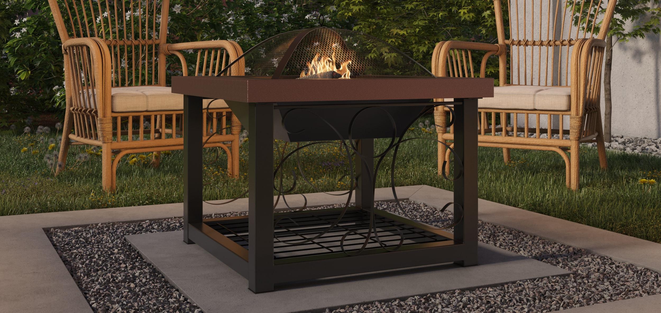 Fire Sense Fire Pit Cocktail Square Table Wood Burning Mesh Spark Screen Wood Grate with Storage Rack – Hammered Bronze Finish