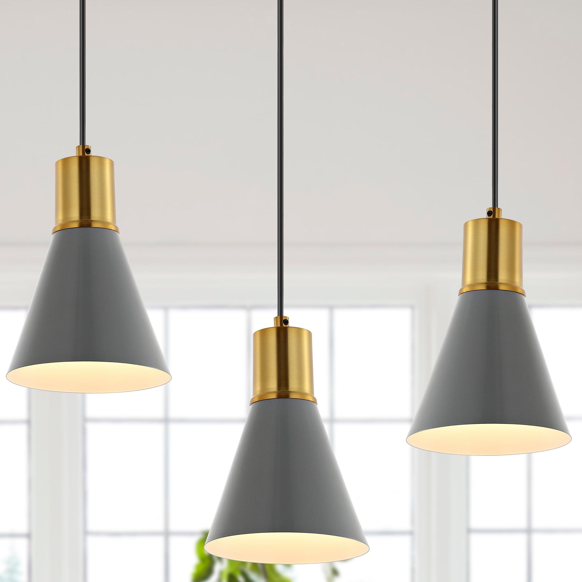 Apollo 33.5" 3-Light Mid-Century Modern Iron Adjustable Linear LED Pendant, Gray/Brass Gold