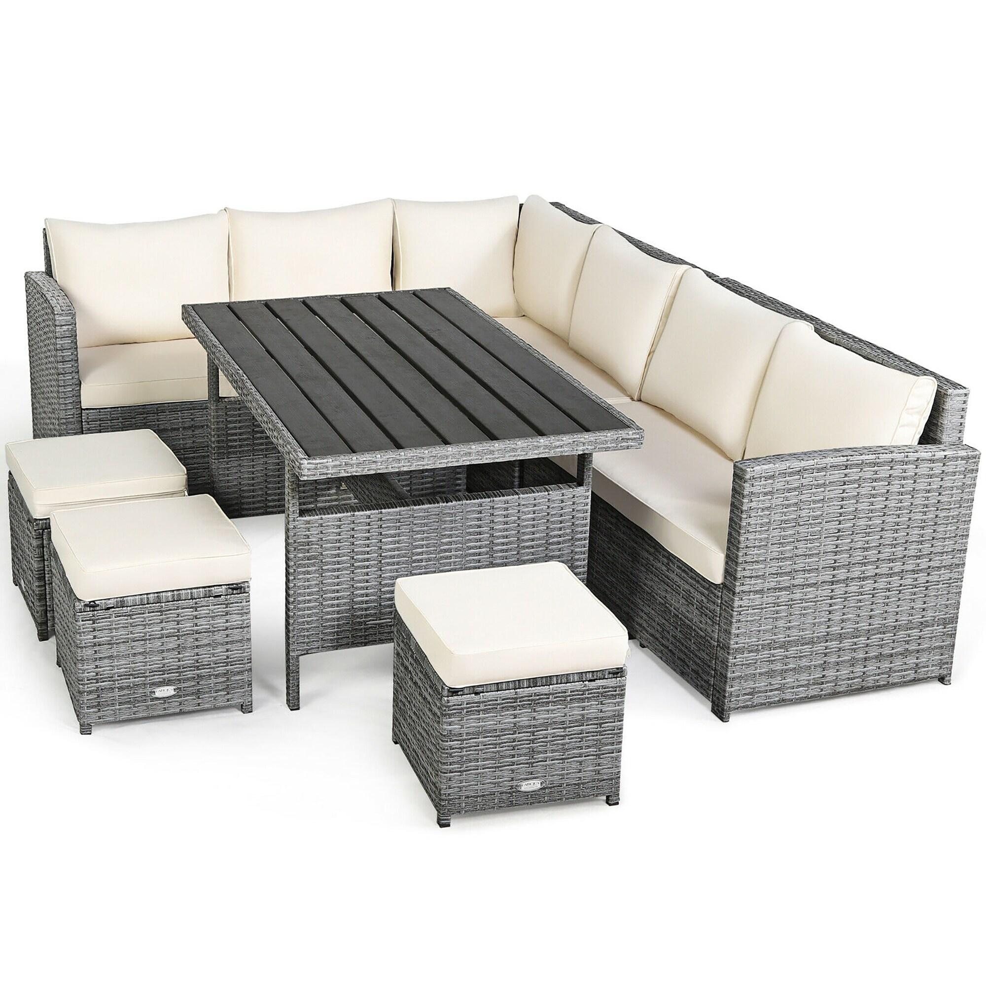 Gray Rattan 7-Piece Patio Sofa Set with Off-White Cushions