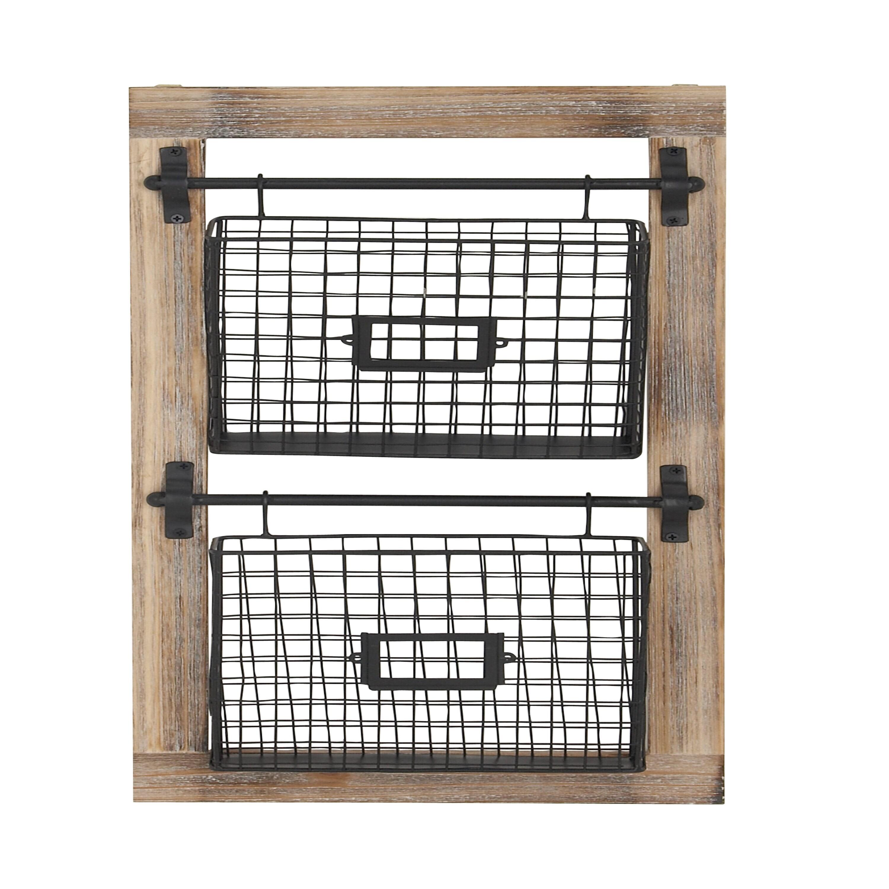 DecMode 25" Black Wood 2 Slots Magazine Rack Holder with Suspended Baskets and Label Slot