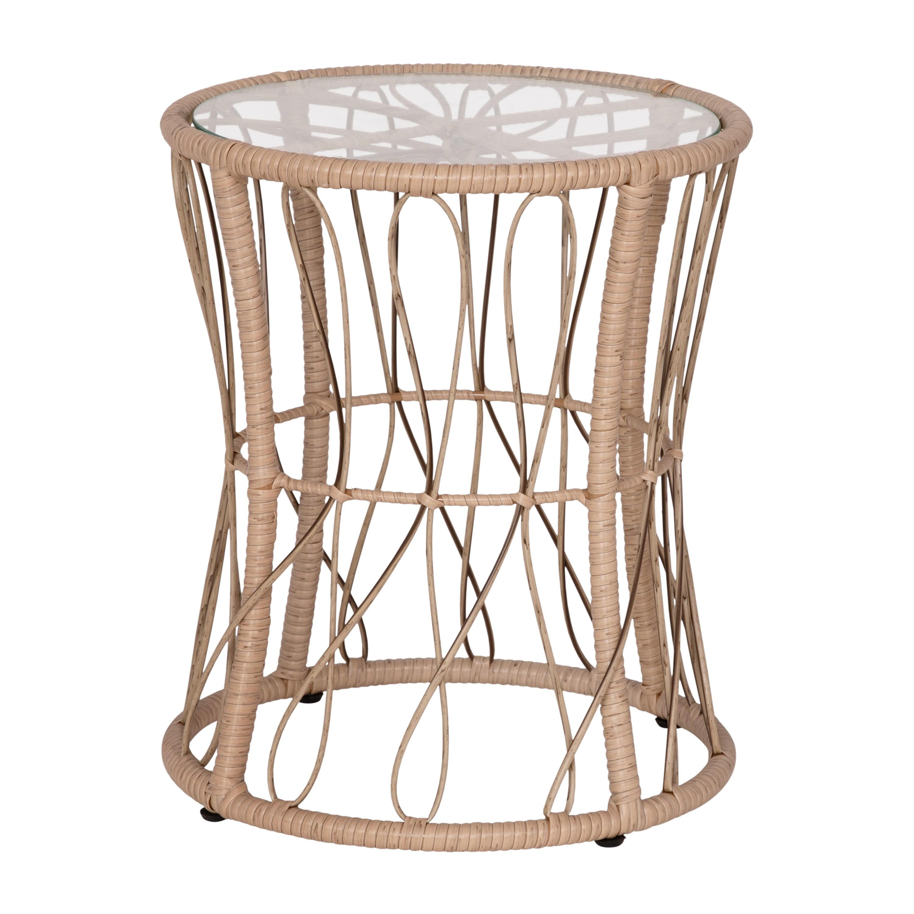 Taylor & Logan Fielder 3-Piece Tan Indoor/Outdoor Bistro Set with Papasan Style Rattan Rope Chairs, Glass Top Side Table & Black Cushions