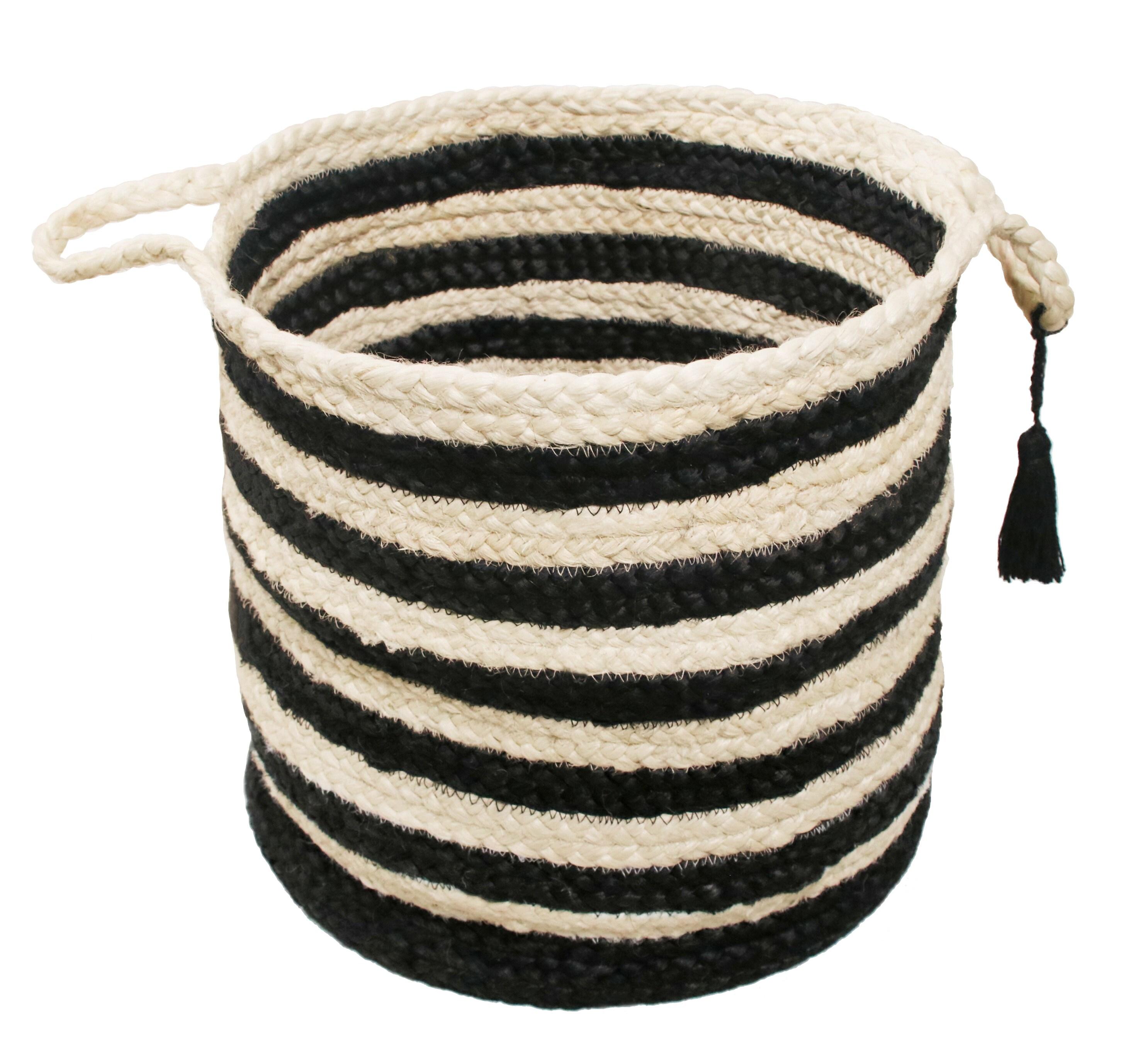 LR Home Woven Round Jute 17" Storage Basket with Handles, Black/White Multi Stripe