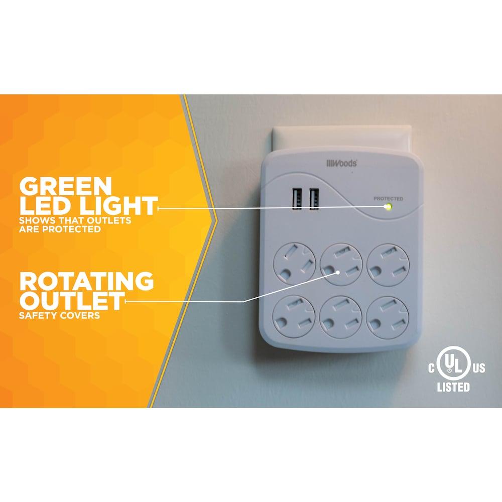 Woods 41076 Surge Protector with 6 Power, 6-Outlet 1440J of Protection