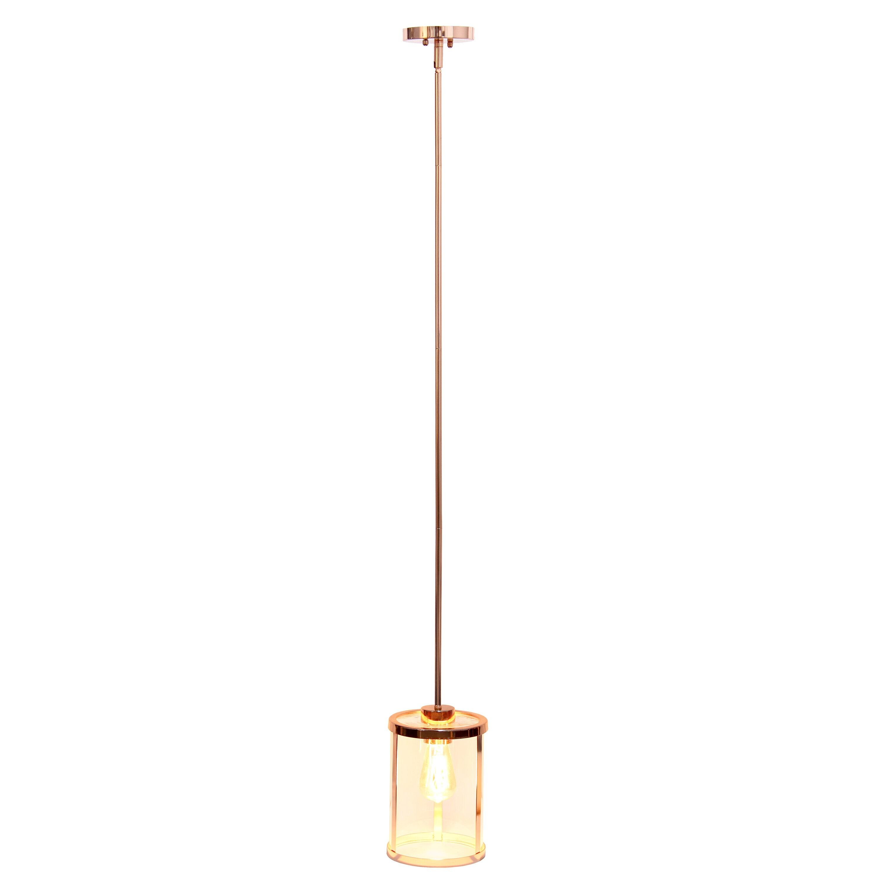 1-Light 9.25" Modern Farmhouse Adjustable Hanging Cylindrical Clear Glass Pendant Fixture with Metal Accent Rose Gold - Lalia Home