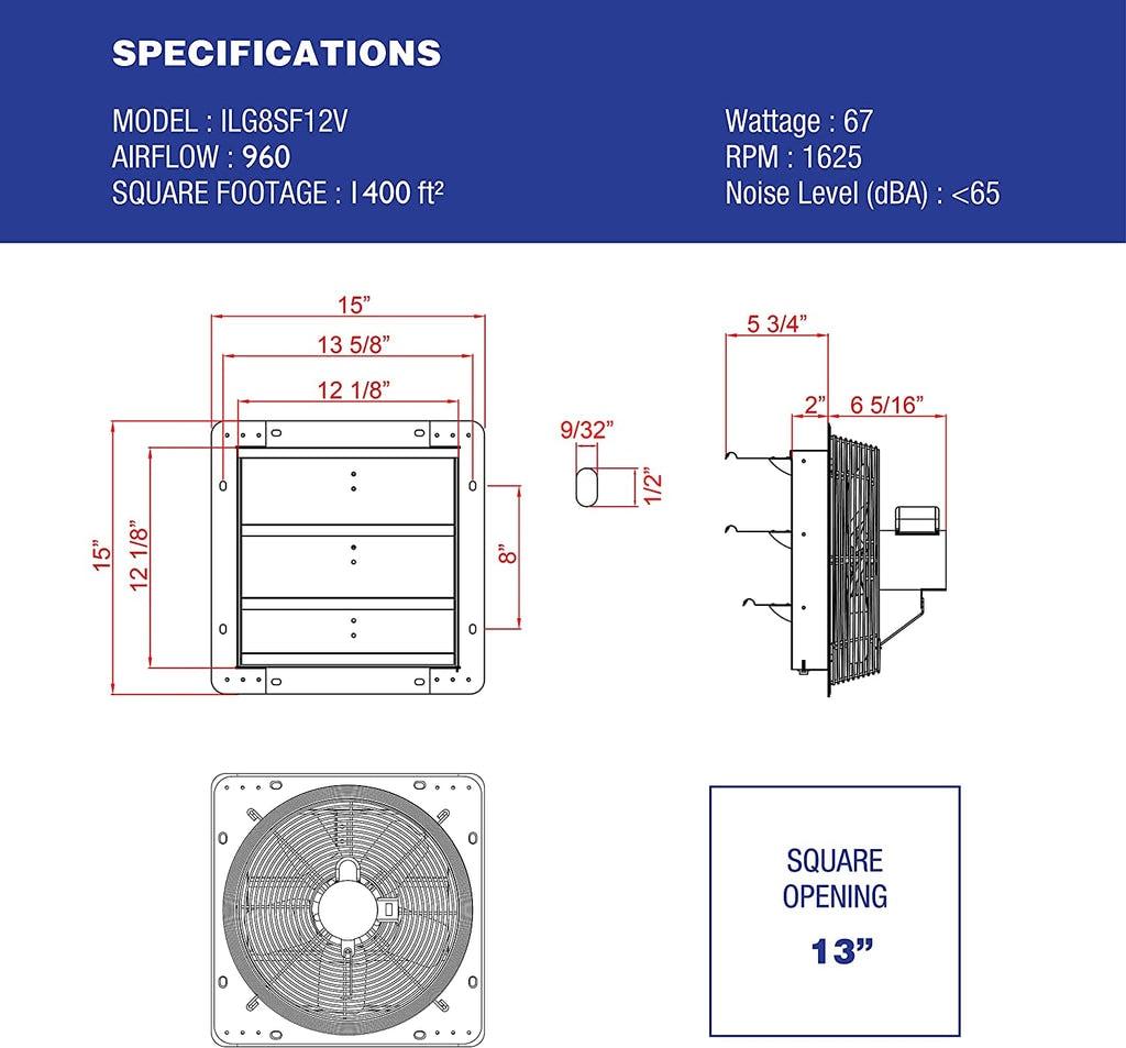 iLIVING ILG8SF12V - 12" Wall Mounted Exhaust Fan - Automatic Shutter - Variable Speed - Vent Fan For Home Attic, Shed, or Garage Ventilation, 960 CFM, 1400 SQF Coverage Area ( Power Cord Not Included)