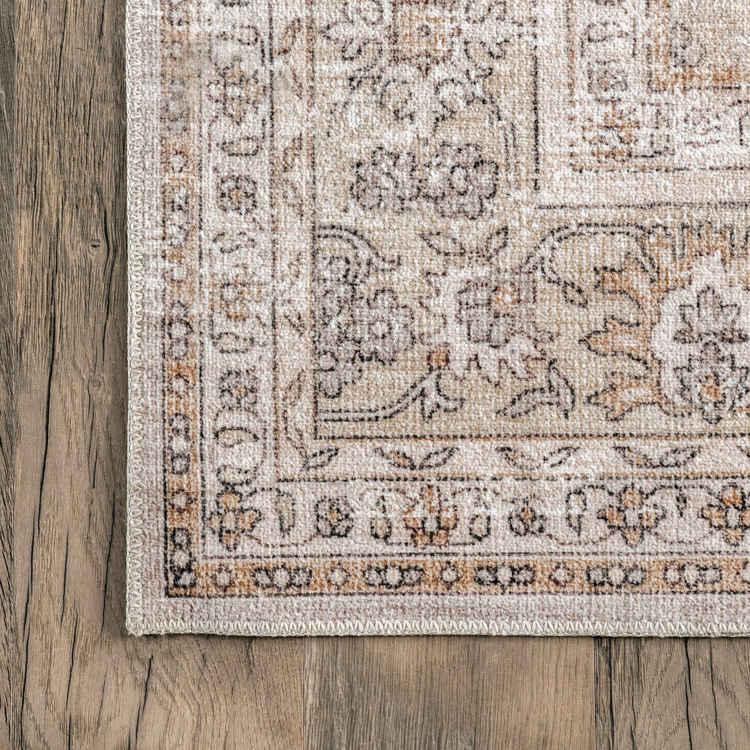 Gray Floral Synthetic Rectangular Washable Area Rug 4' x 6'